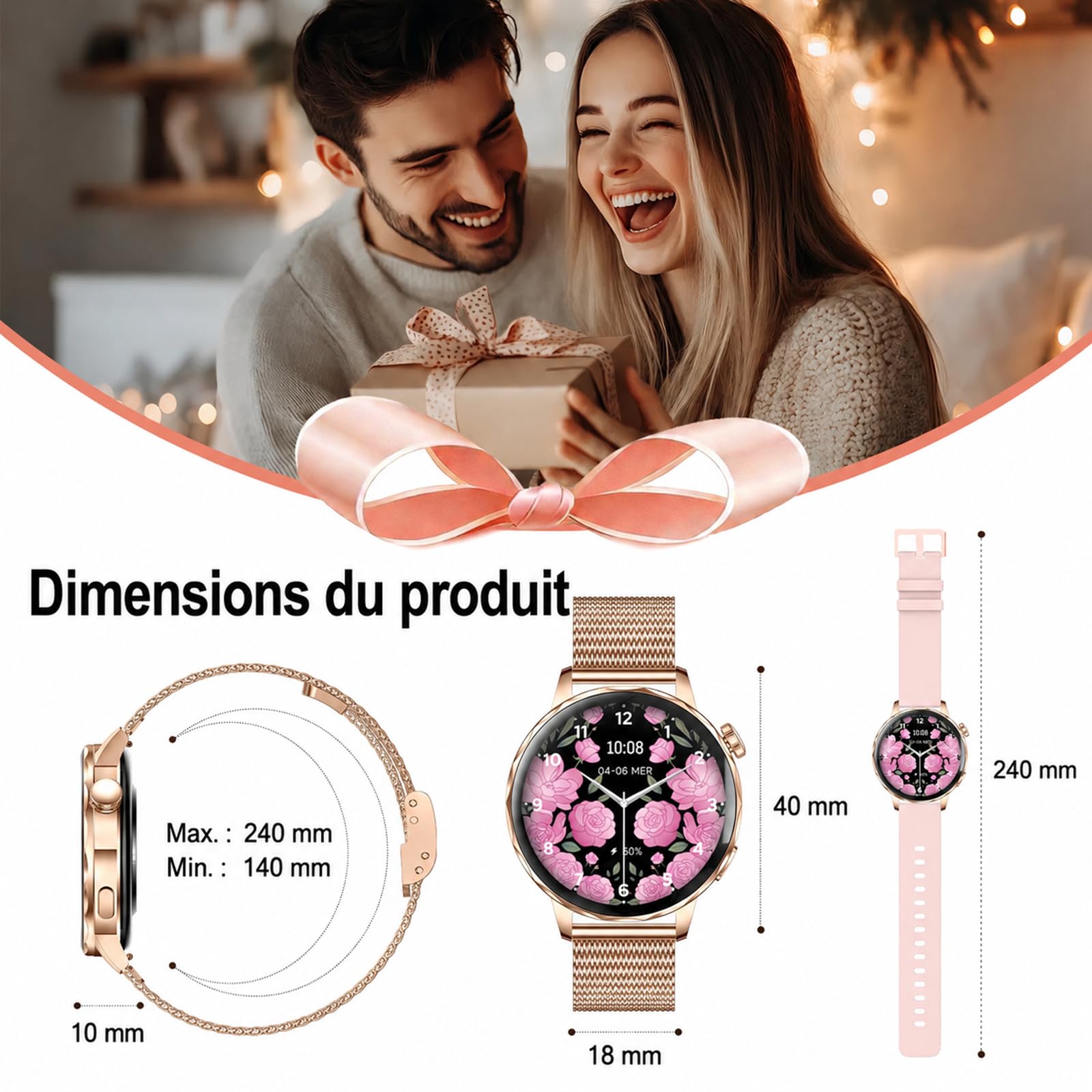 Efolen Montre Connectée Femme avec Appel Bluetooth, 1.27" Smartwatch Femme Ronde avec 2 Bracelets, Fréquence Cardiaque SpO2 Sommeil, 100+ Modes Sportifs, Podomètre IP68 pour Android iOS