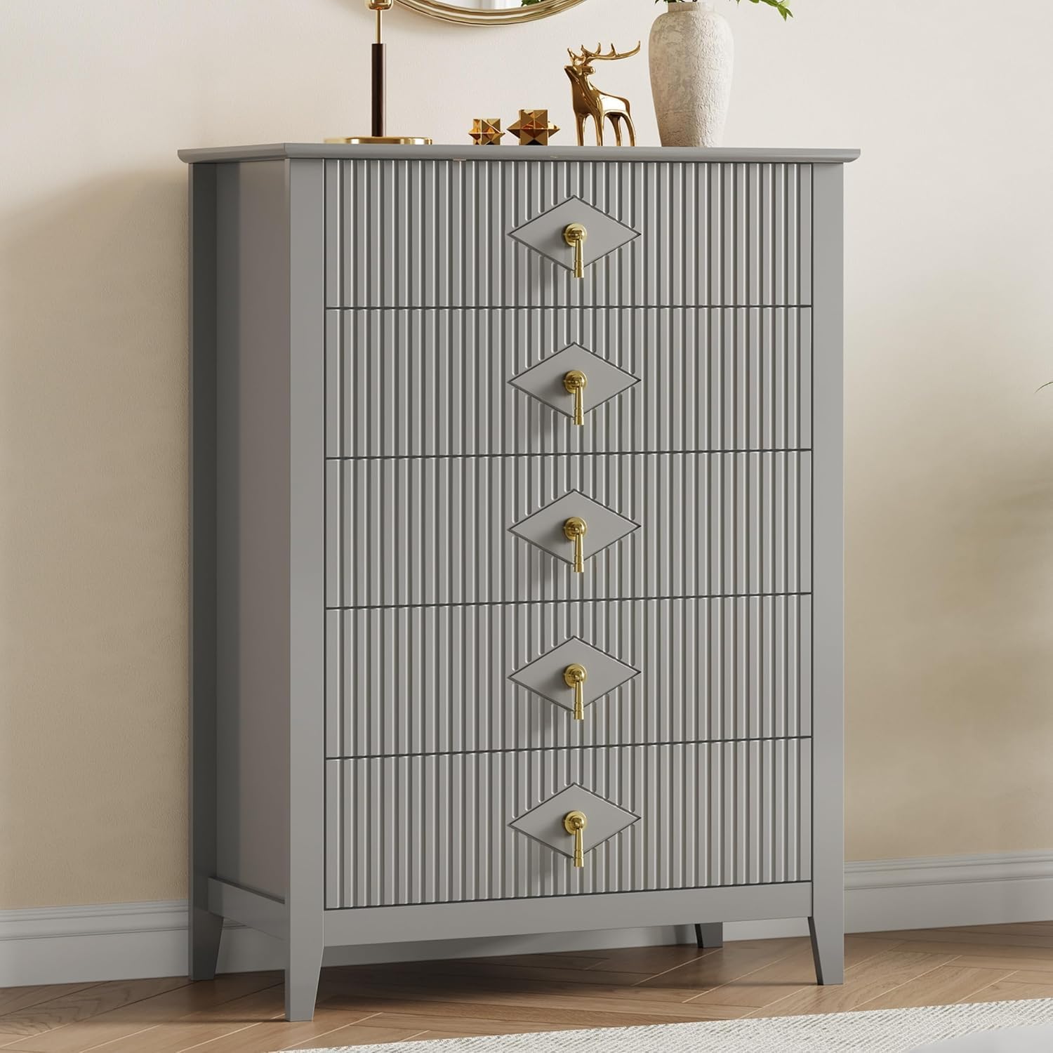 GarveeHome Fluted Dresser for Bedroom, 42.9" Tall 5-Drawer Wood Dresser, Modern Chest of Drawers, Storage Organizer Cabinet for Living Room, Hallway,