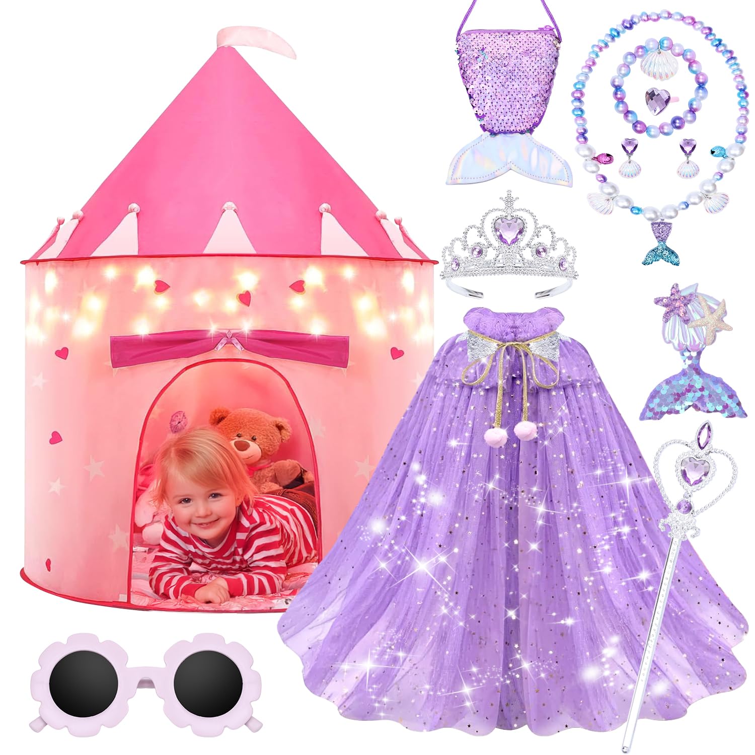 LXSHSRTA 13 Pcs Princess Castle Play Tent with LED Star Lights - Princess Dress-Up Set with Crown for Little Girls - Princess Toy Tent - Indoor and Outdoor Girls Castle Playhouse Tent - Purple