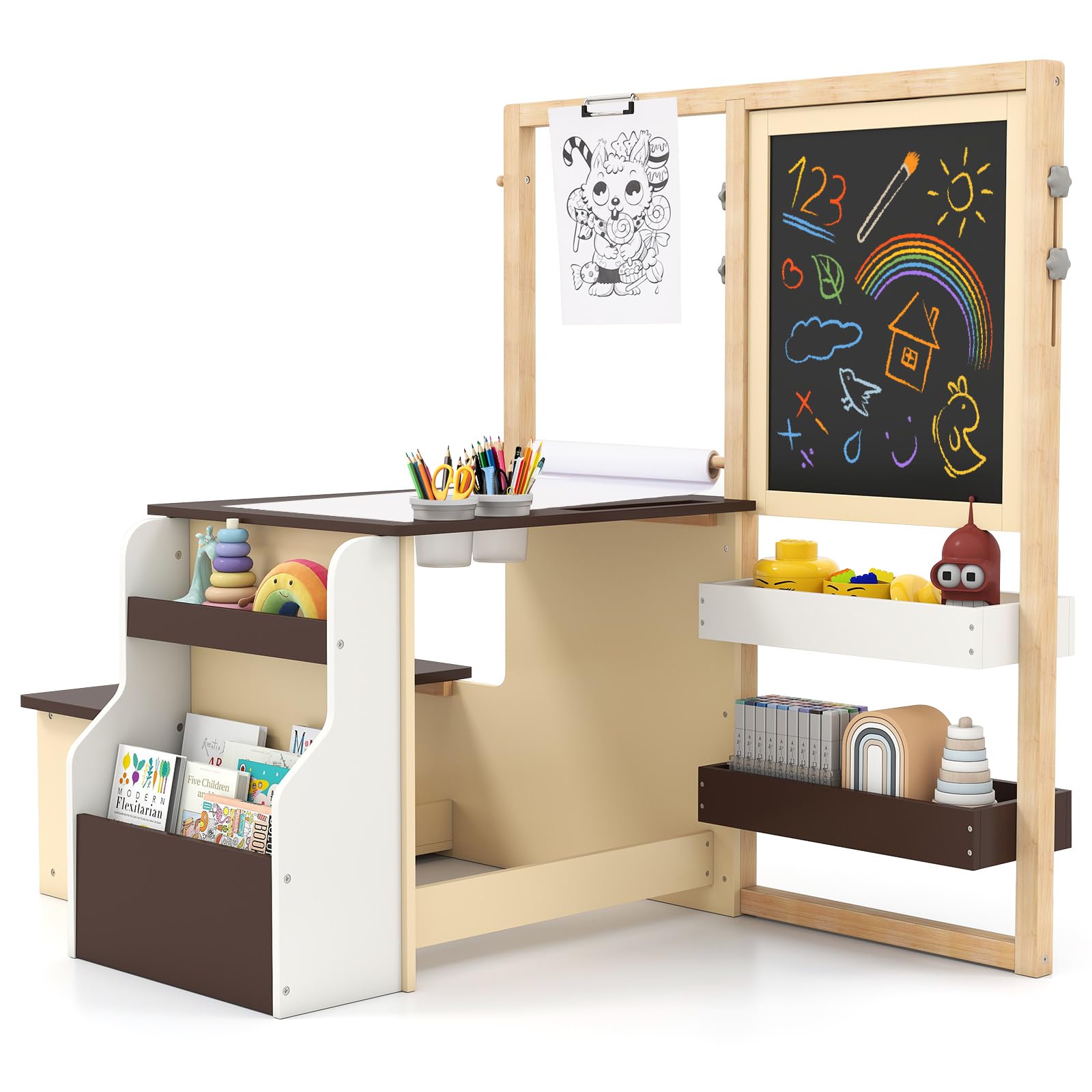 GOPLUS Bureau Enfant avec Rangement, Tableau Chevalet Double Face Ajustable, Table d'Activité avec Banc, Rouleau de Papier, Tableau Blanc/Noir, 3+Ans (Café)
