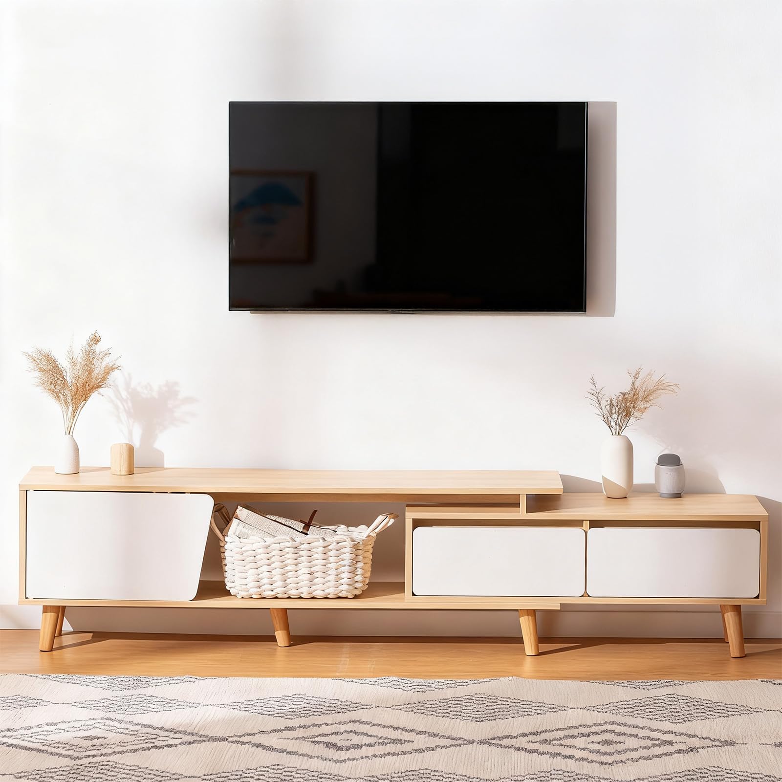 Meuble TV Extensible 140–190 cm, 2 Tiroirs, 1 Porte et 1 Niche Ouverte, Meuble Tele Bois et Blanc, Meuble Télé avec Rangement, Table TV pour Salon ou Chambre, Design Moderne