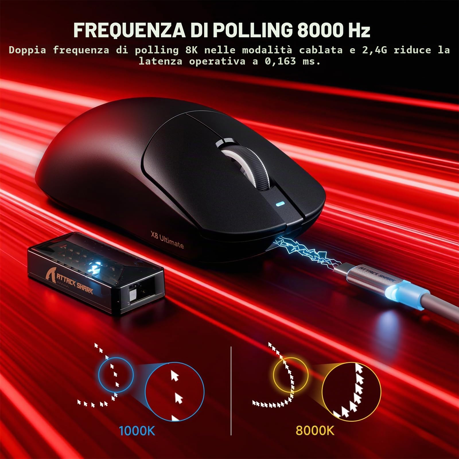 ATTACK SHARK Serie X8 Mouse Gaming Wireless, 55–65 g Ultralight, Sensore PixArt PAW3395/3950, Bluetooth/2.4G & USB, fino a 42.000 DPI, Cavo LED C06 Ultra (X8 ULTIMATE, Nero)