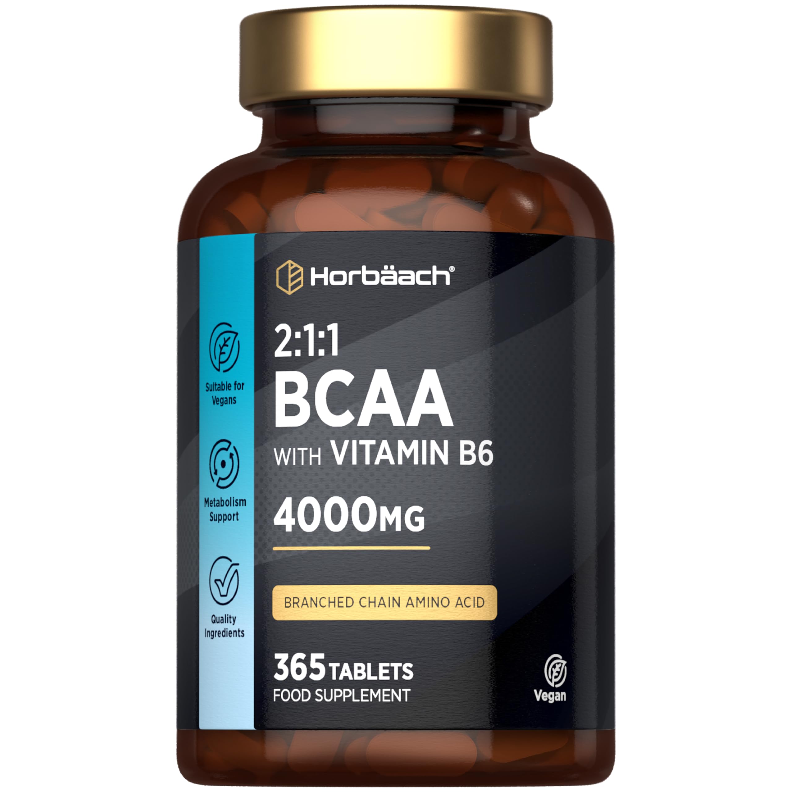 BCAA Tablets | 4000mg BCAA per Serving | 3 Months Supply | Essential Amino Acid Supplement with Vitamin B6 | 365 Vegan Tablets | BCAA Powder and Capsules Alternative Pre Workout | by Horbaach