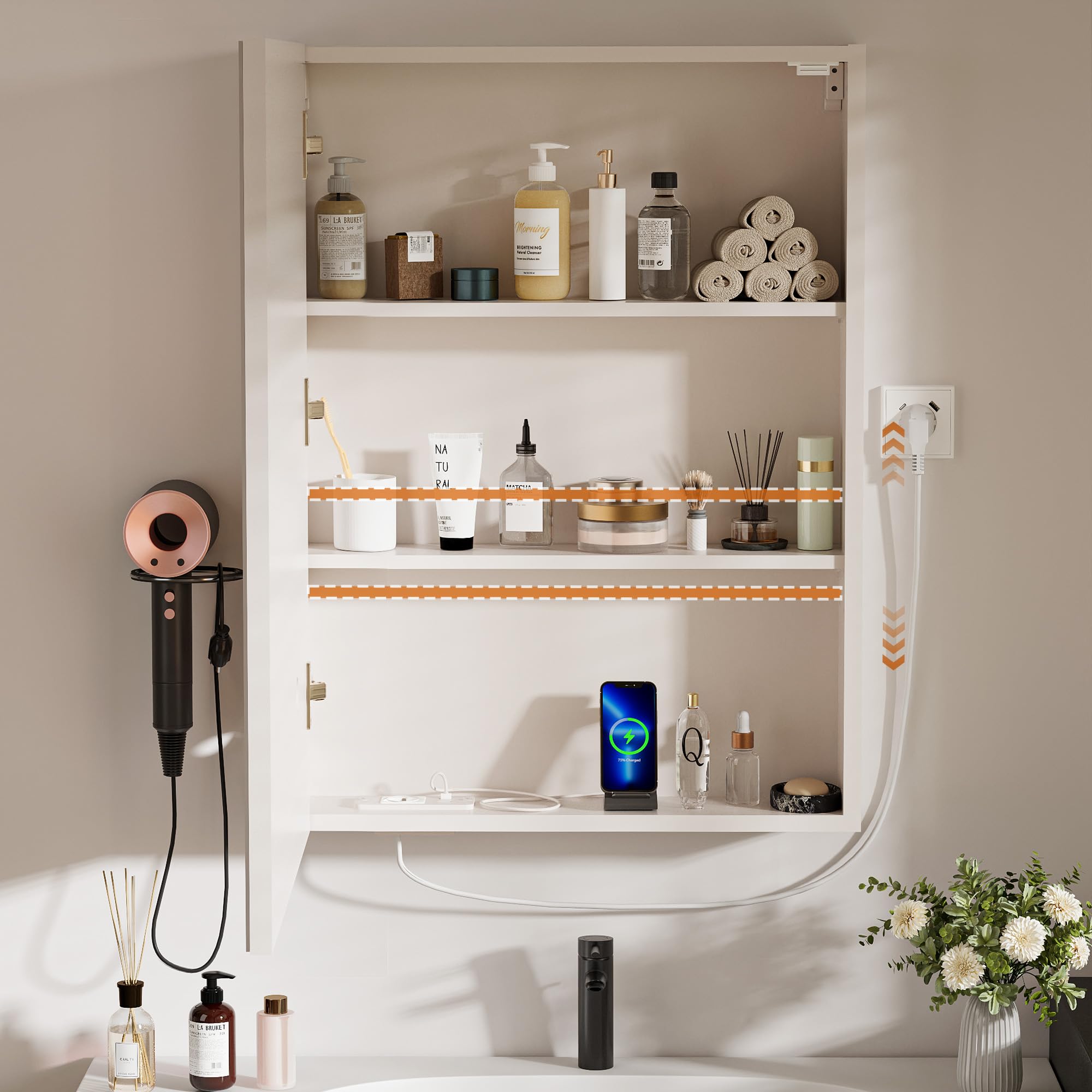 Armoire Salle de Bain avec Miroir Suspendu Armoire Miroir avec Prise Éclairage Antibuée 2 Étagère Réglable et Support Sèche-Cheveux (60x15x80cm)