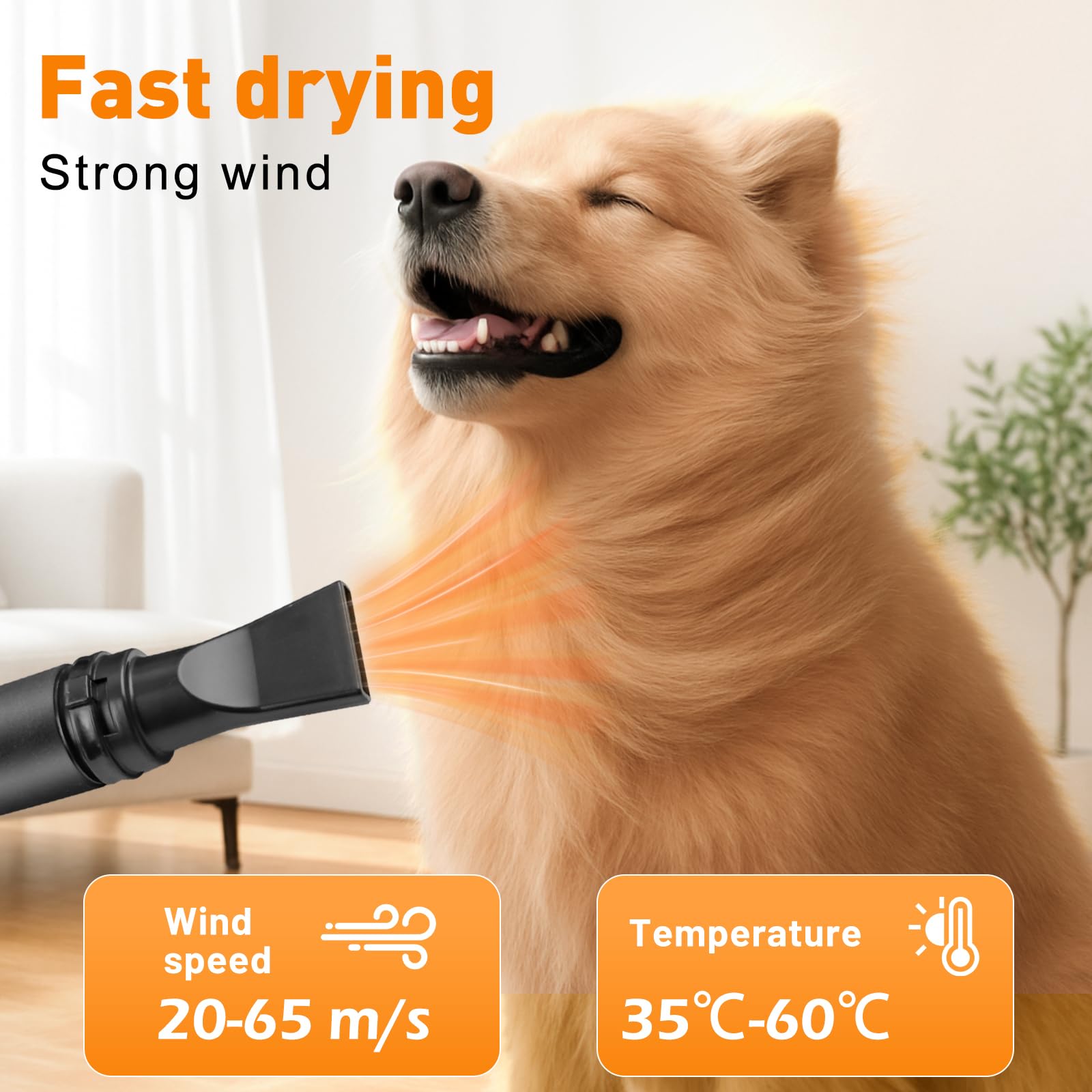 YAZEKY Soffiatore Professionale per Cani, soffiatore Silenzioso da 2800 W, soffiatore per Cani a Pelo Lungo, asciugacapelli per toelettatura Animali, velocità e Temperatura Regolabili con 4 ugelli