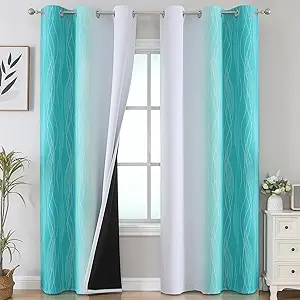 Estelar Textiler Teal and Greyish White Room Darkening Blackout Curtains 84 Inches Long for Living Room, Thermal Insulated Ombre Light Blocking Grommet Blackout Drapes for Bedroom, 42Wx84L, 2 Panels