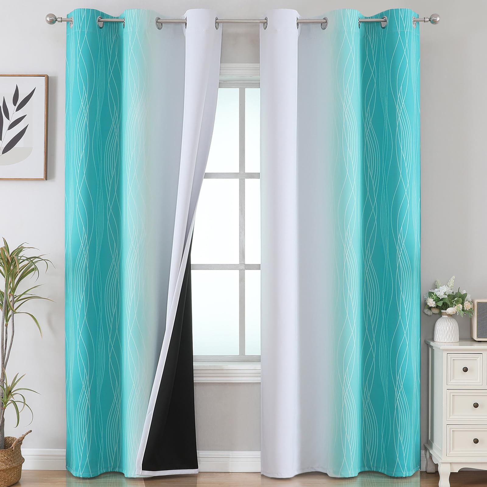 Estelar Textiler Teal and Greyish White Room Darkening Blackout Curtains 84 Inches Long for Living Room, Thermal Insulated Ombre Light Blocking