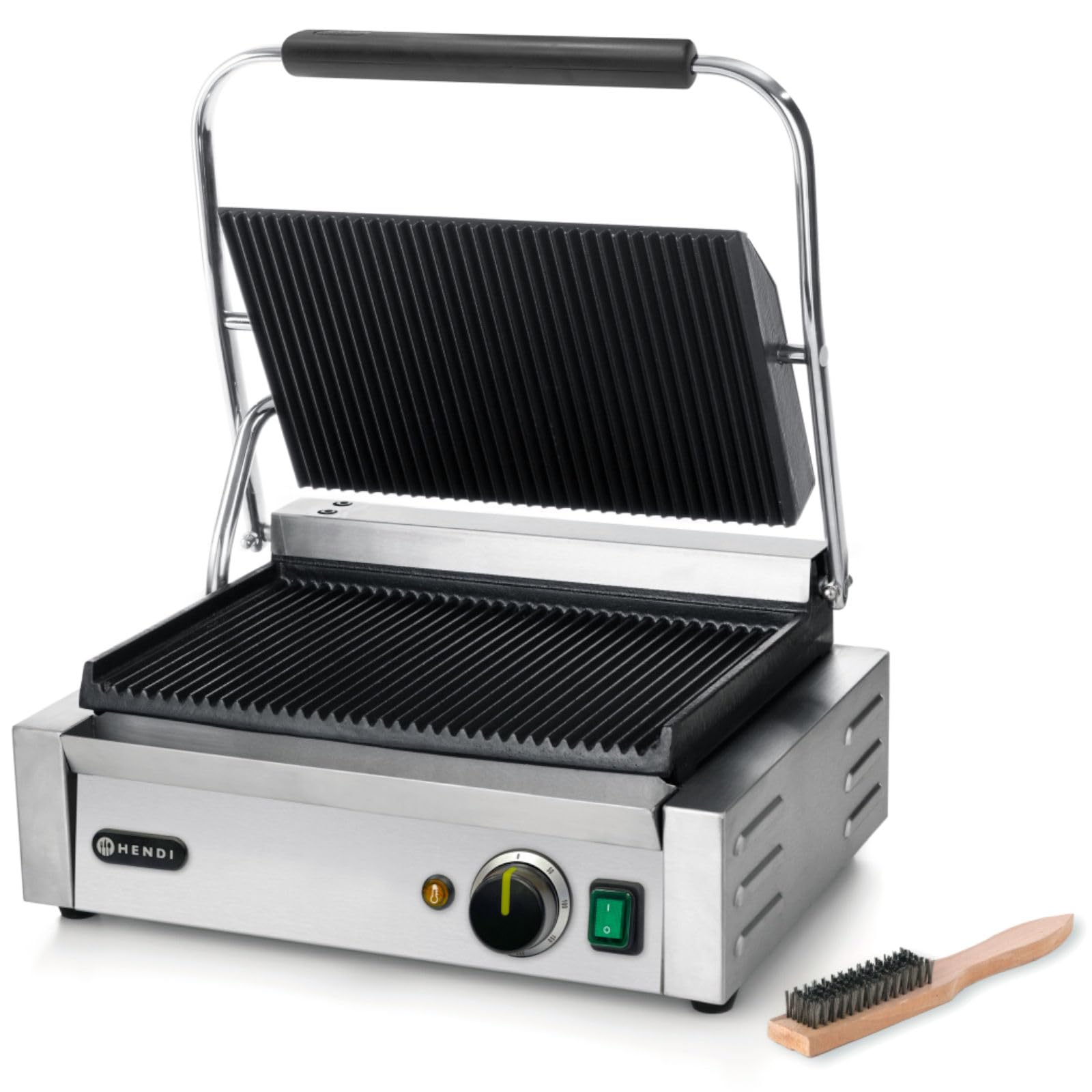 HENDI Parrilla Eléctrica de Contacto, Grill/Plancha Panini y Sandwichera Profesional, Placas Acanaladas de Hierro Fundido Esmaltado, 230V, 2200W, 430x375x(H)216mm, Acero Inoxidable
