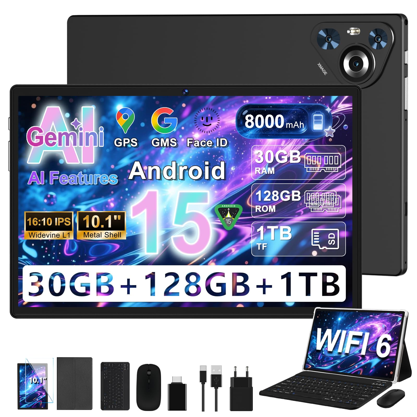 Dghrti Tablet Android 15 [30GB RAM] 128GB ROM, 10 Inch IPS HD Screen+1TB Expansion - Octo-Core, 8000mAh, Metal Body, 5MP+8MP, Face ID, Widevine L1 - with Keyboard and Mouse - Black