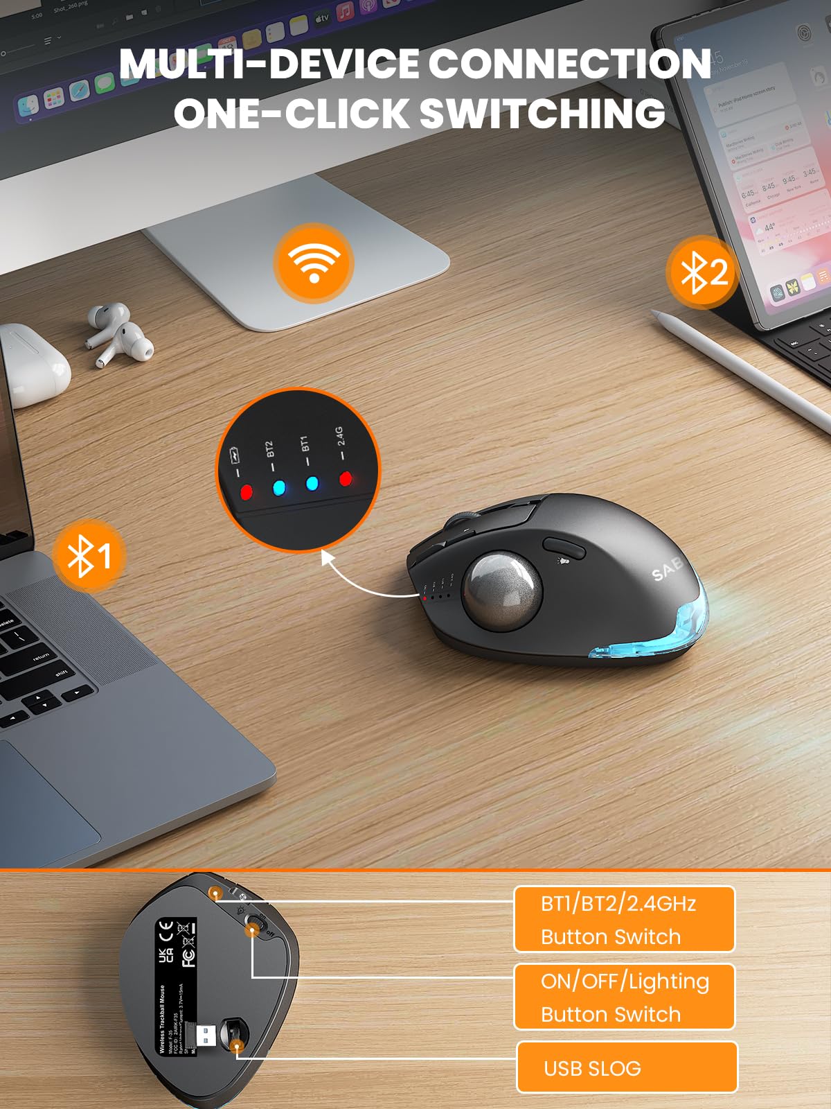SABLUTE MAM1 Pro - Ratón ergonómico inalámbrico Trackball, ángulo ajustable de 0°/18°, ratones de control de pulgar, clic silencioso, 3 receptores Bluetooth y USB multidispositivos, mouse recargable
