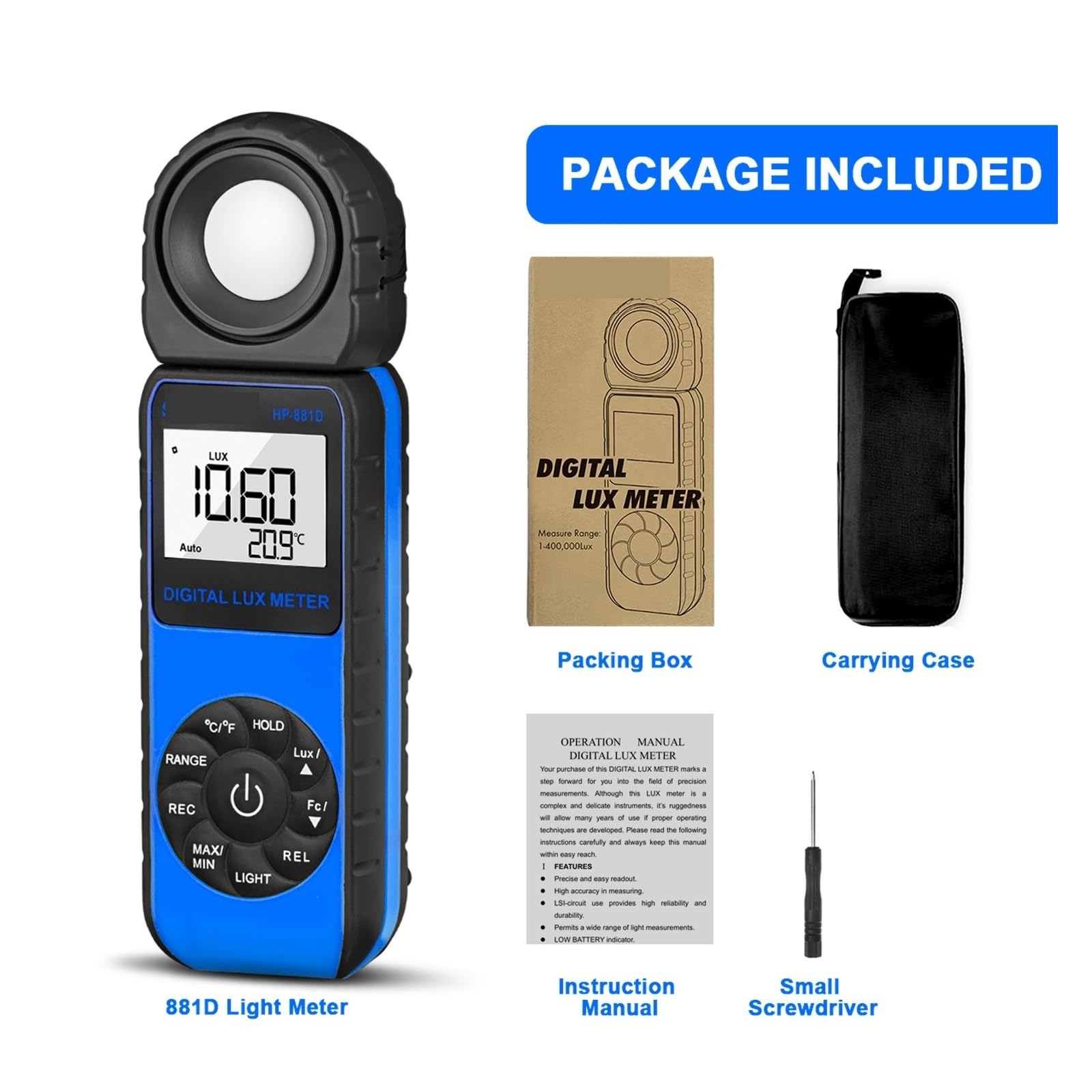 Medidor de Luz, Luxómetro digital compacto, pantalla de gráfico de barras de 3999 cuentas, transductores de diodo de silicio con filtro de luz for monitorizar el crecimiento de las plantas.(Yellow)