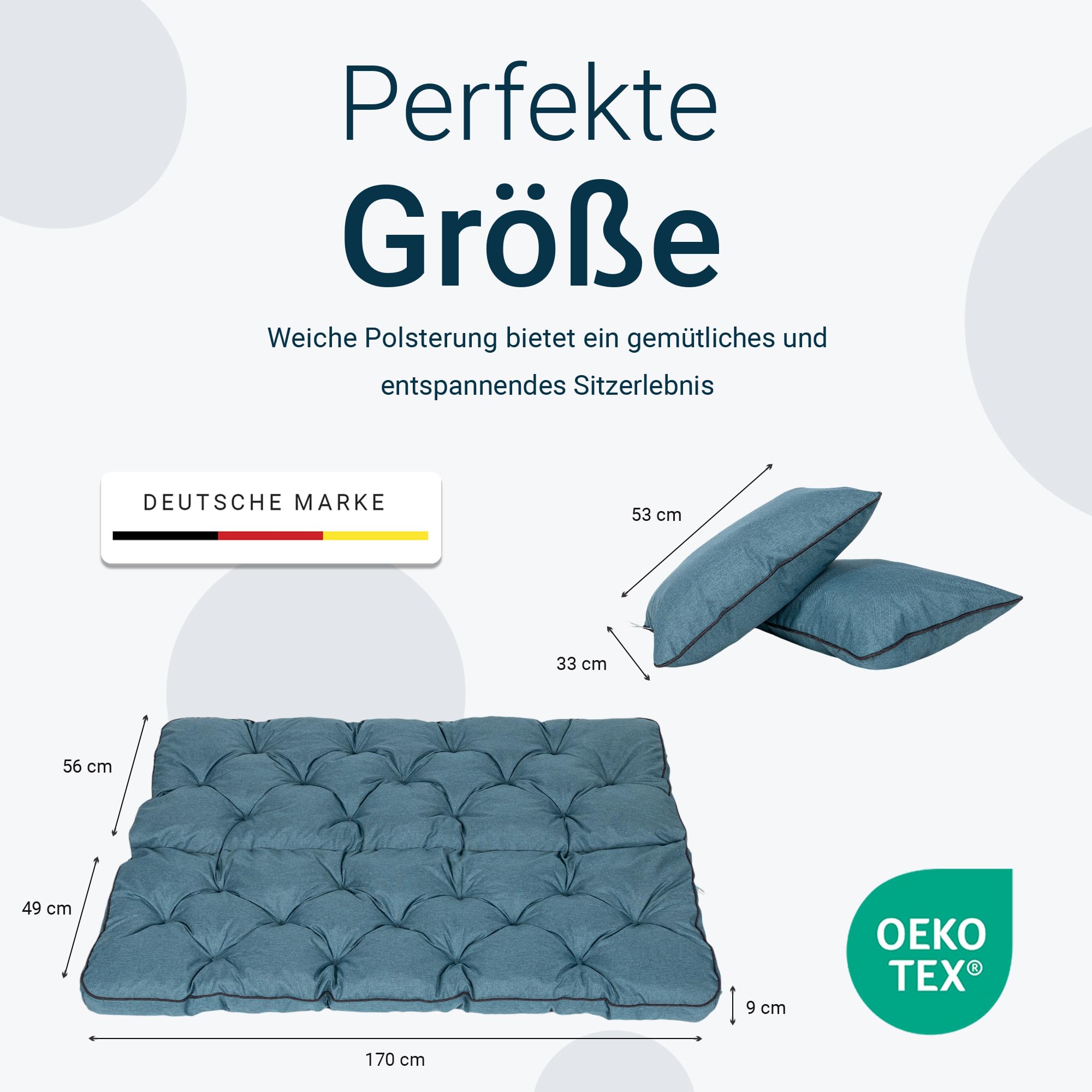 TexDeko® Bankauflage mit Rückenlehne für Hollywoodschaukel 170 x 50 x 56cm Gartenschaukelkissen gemütliche Sitzauflage Gartenbankauflage Polsterauflage wasserabweisend UV-beständig (Türkis)