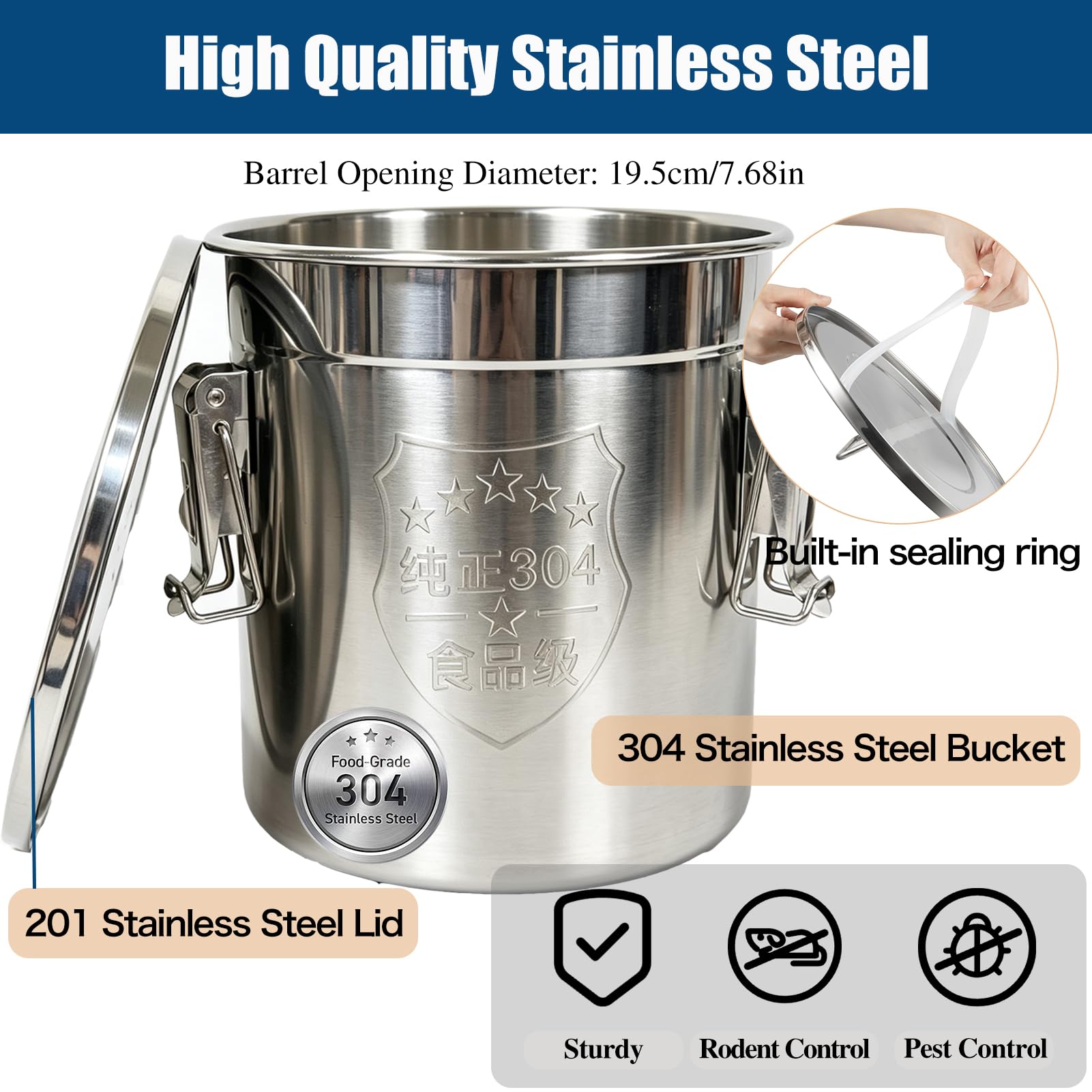 Luftdichter Behälter aus 304er Edelstahl für die Küche, 1,6 l Edelstahl-Frischhaltedosen mit Deckel und stabiler Verschlussklemme, luftdichte Behälter für Mehlkörner, Kaffee, Bohnen, Zucker, Tee, 6 l