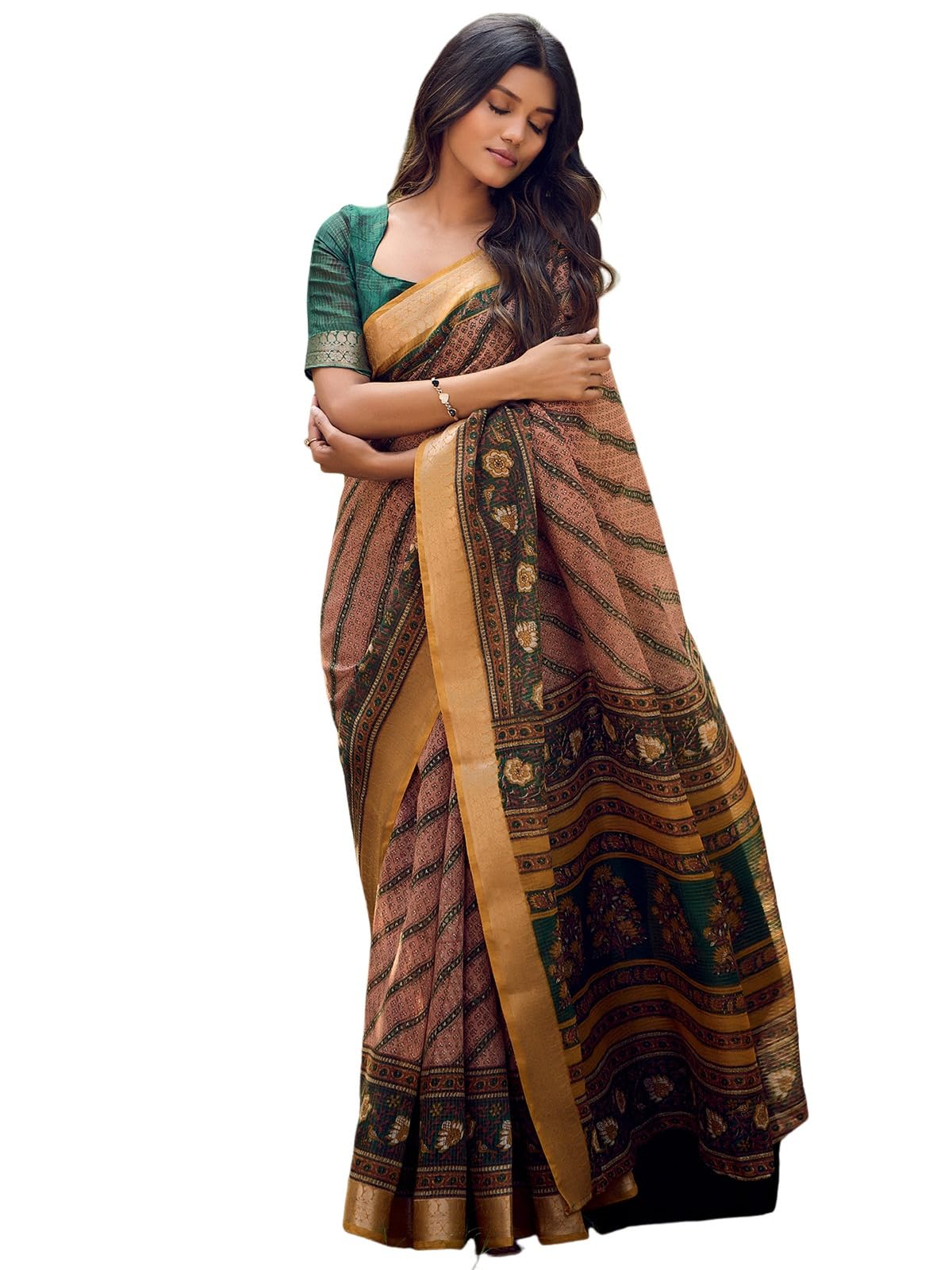 Satrani Women's Cotton Silk Printed Weaving Saree With Unstitched Blouse Piece (4103S879N_Peach Pink & Multi)