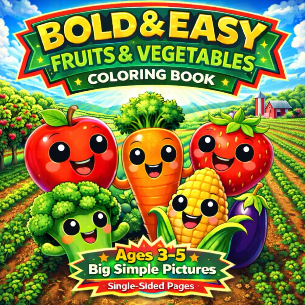 Bold and Easy Fruits & Vegetables Coloring Book for Kids Ages 3-5: Big Simple Food Coloring Pages with Thick Lines for Toddlers and Preschool (Cute ... (The Bold & Easy Toddler Series)