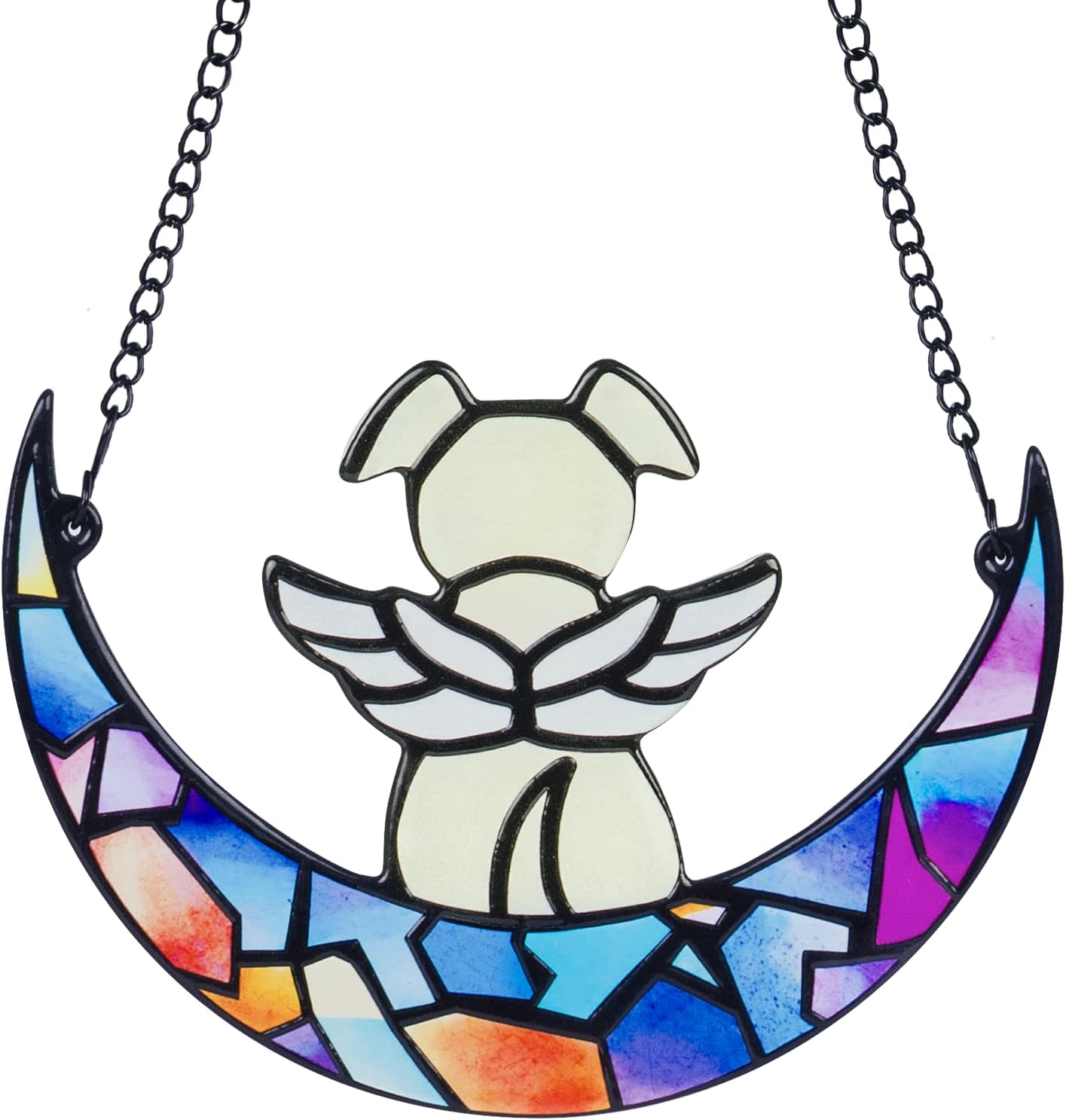 Stained Glass Angle Dog Memorial Suncatcher for Loss of Dog Sympathy Gifts, Dog Memorial Gifts with Sympathy Card, Dog Remembrance Gifts for Pet Lovers, Dog on Moon Ornaments for Window Hanging