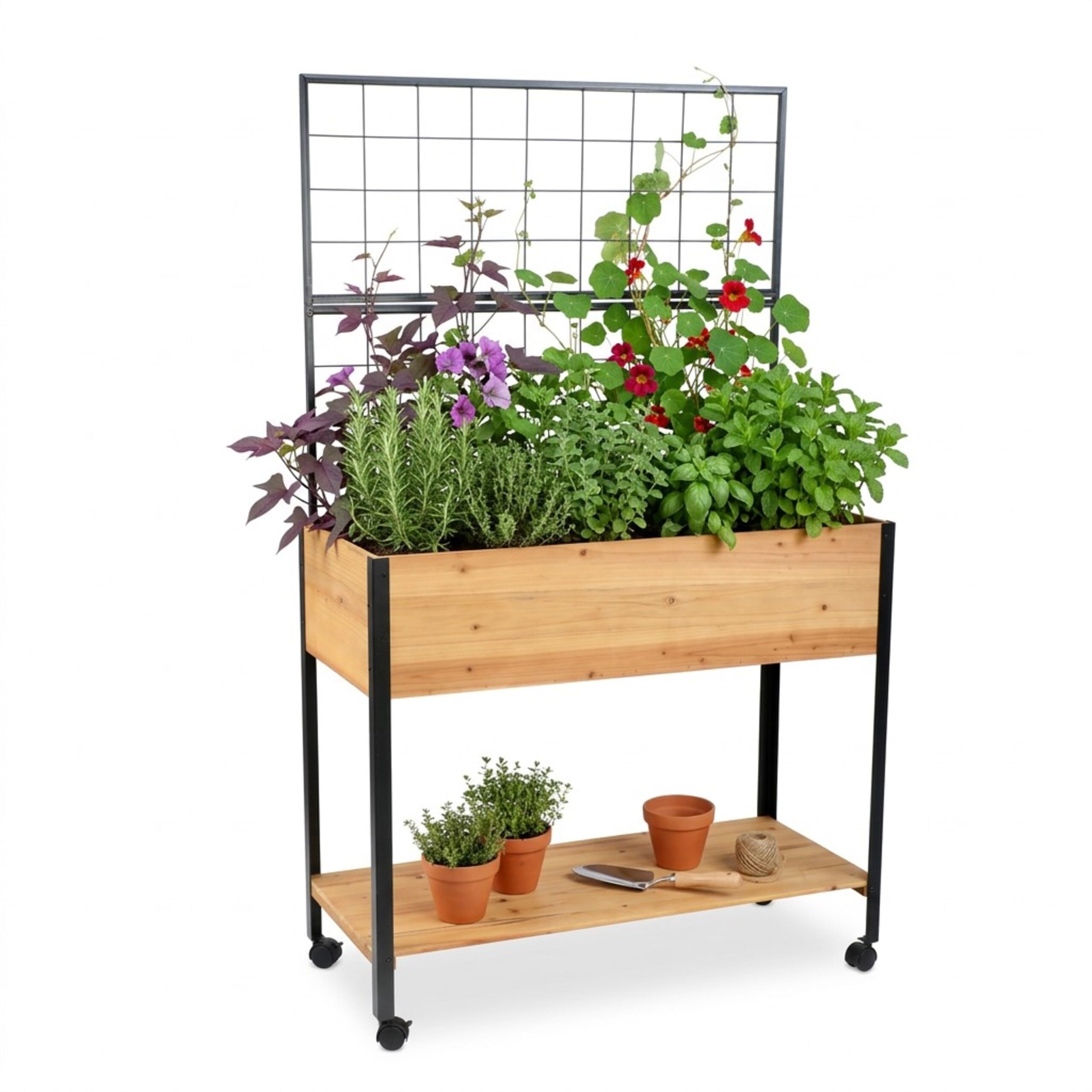 Relaxdays Potager surélevé en Bois avec Treillis, étagère, roulettes, 165x102x47,5 cm, Naturel/Noir