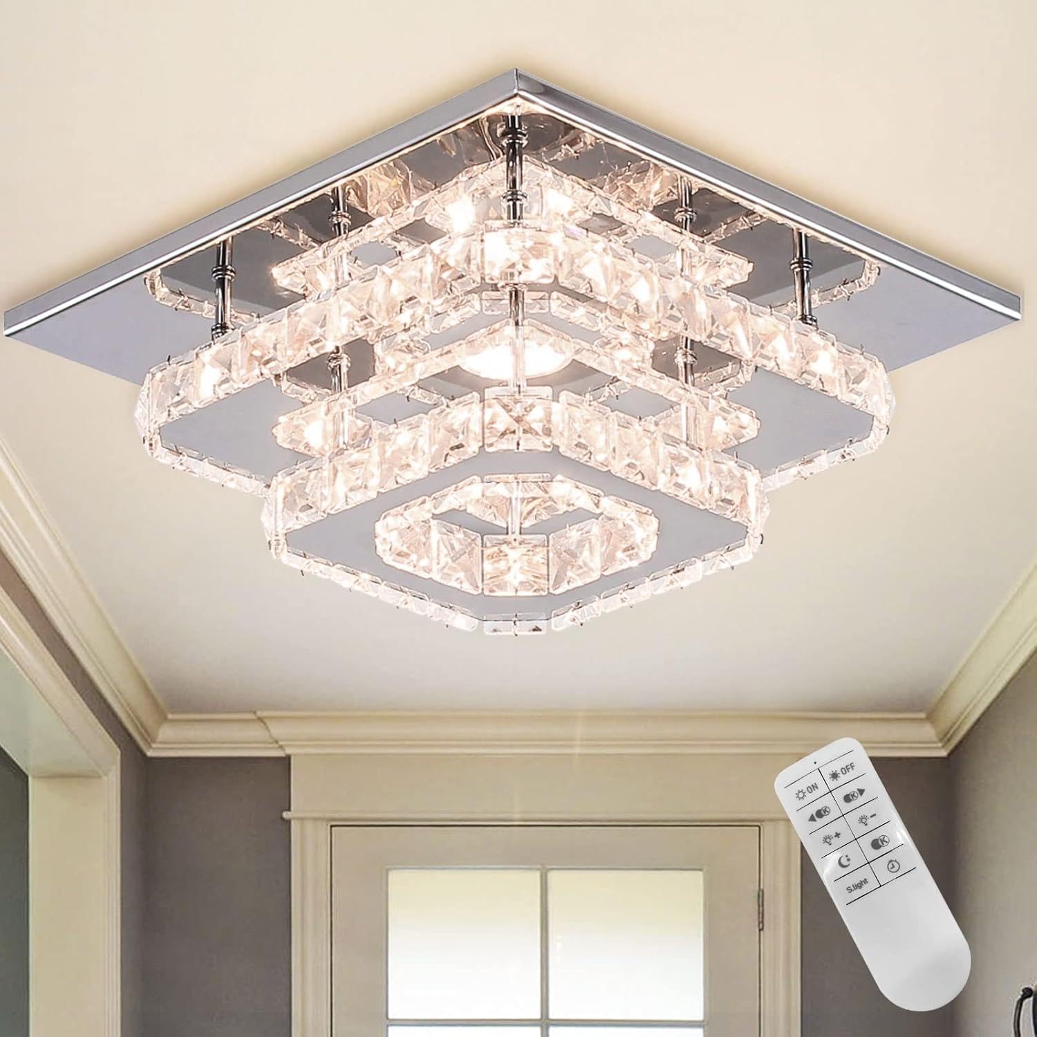 Dimmable Crystal Ceiling Light Flush Mount, 9.8 Inch Square K9 Crystal LED Ceiling Light Fixture, Adjustable Brightness Stainless Steel Ceiling Lamp for Bedroom Kitchen Hallway