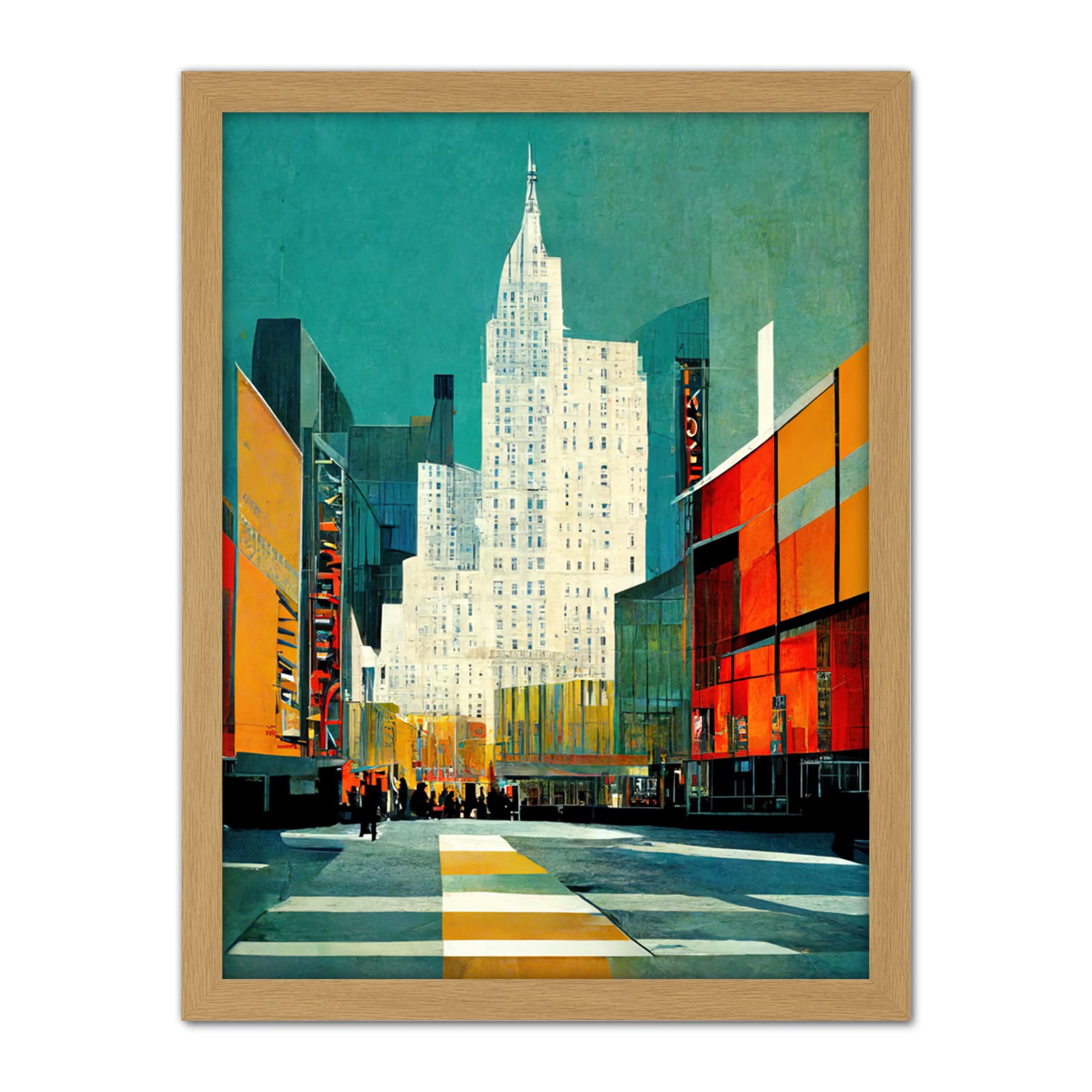 Wee Blue Coo Broadway New York Abstract Midcentury Cityscape Orange Teal Artwork Framed Wall Art Print 18X24 Inch