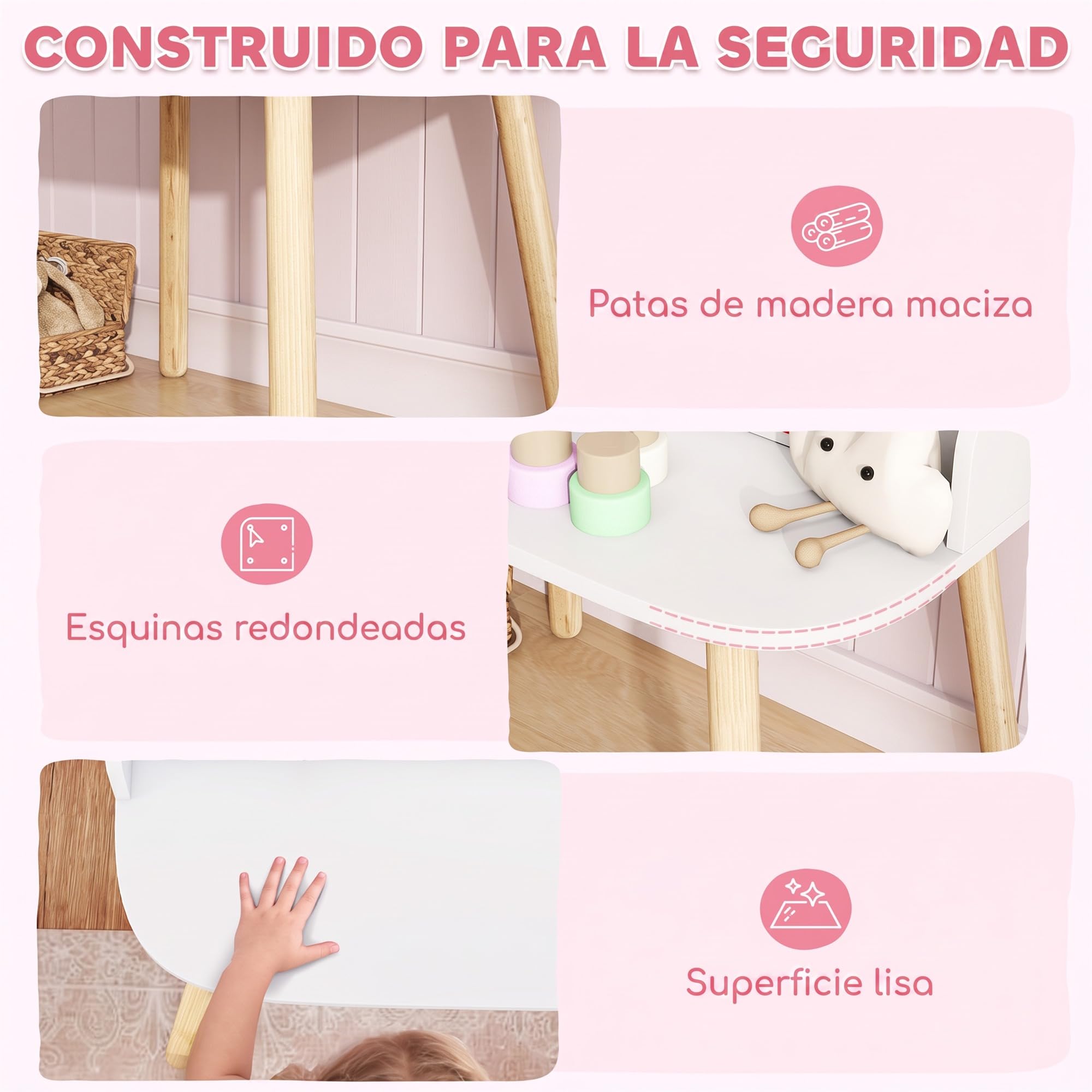 AIYAPLAY Tocador de Maquillaje Niña con Taburete, Espejo, 3-8 Años Blanco