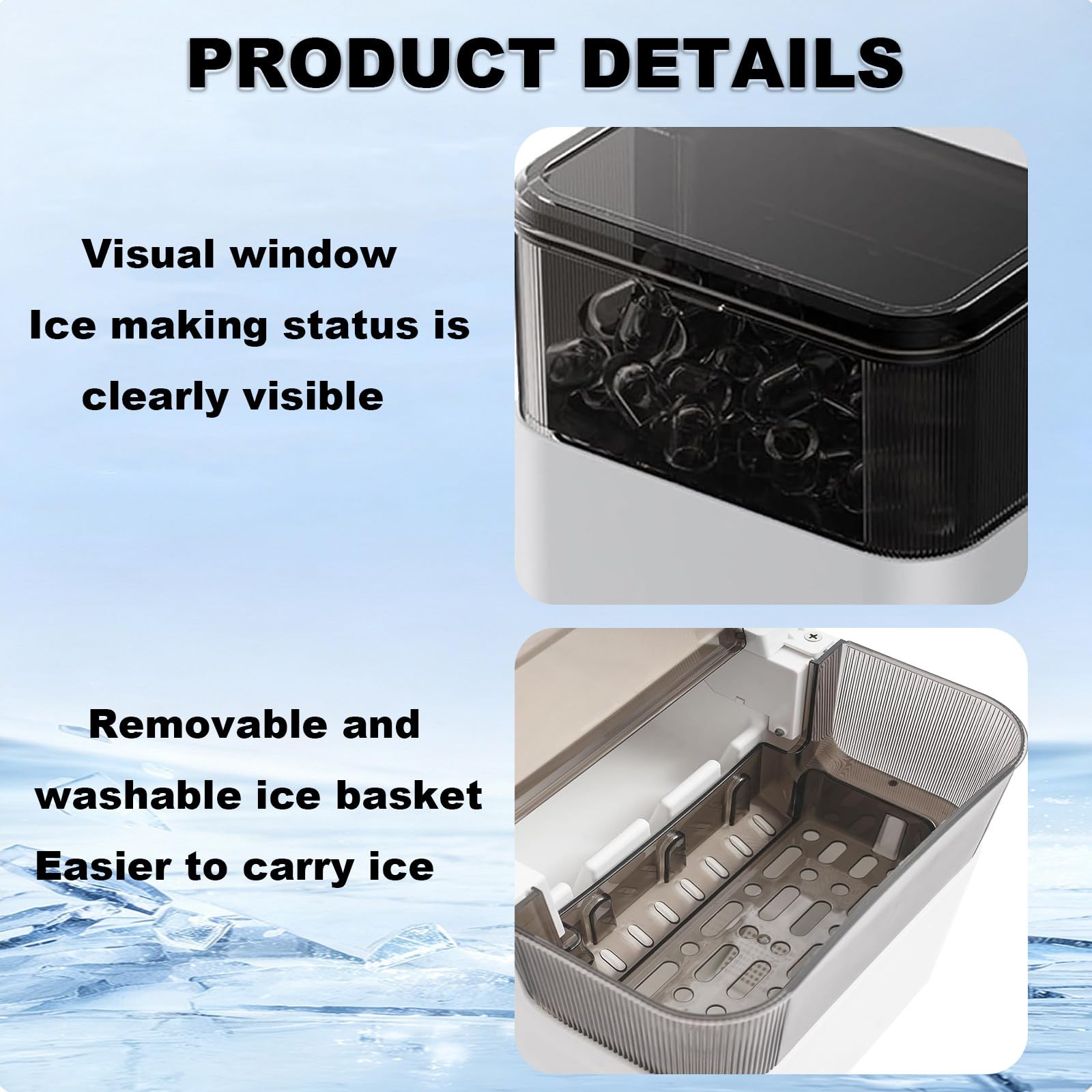 Fabricante de Hielo Portátil Doméstico para Encimera, Producción Diaria de 12,00 Kg, Incluye Cesta de Hielo Desmontable y Pala de Hielo para Bebidas en Hogar, Bar y Oficina