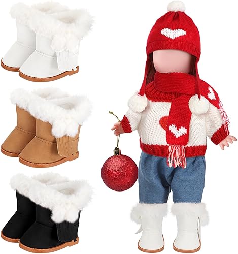 Bencailor 3 pares de botas y zapatos de muñeca de Navidad de 18 pulgadas, zapatos de muñecas de invierno, botas con temática americana, patines para