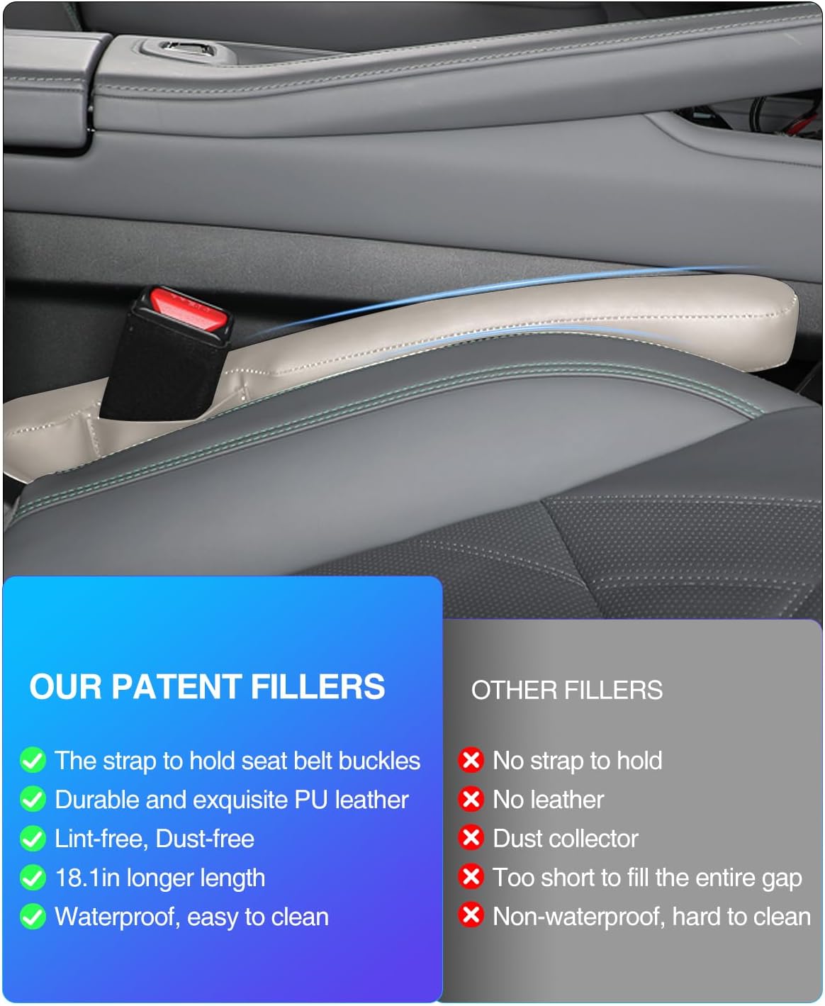 Leather Car Seat Gap Filler Universal for Car Truck SUV to Block The Gap Between Seat and Console Stop Things from Dropping 2 Packs Beige image 4