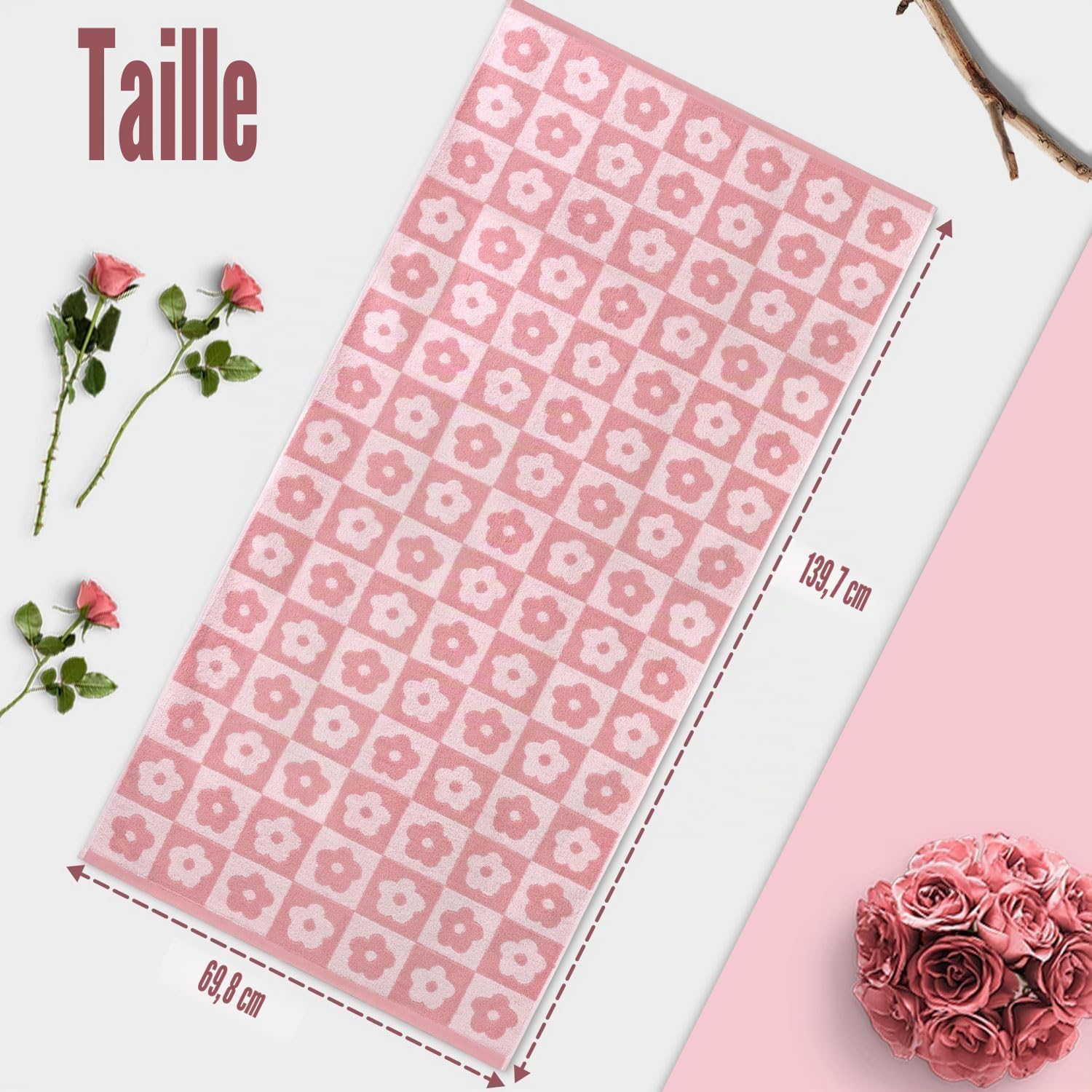 Jacquotha Lot de 2 Serviettes de Bain de Luxe à Carreaux Floraux, Serviettes Roses pour Femmes et Filles, 69,9 x 140,7 cm, décoration Mignonne pour Salle de Bain et Piscine, en Coton