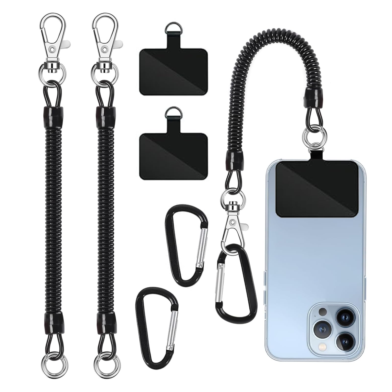 6PCS Phone Lanyard with Phone Chain Adjustable Lanyard for Mobile,with Iron Coil Spring Rope * 2, Black Mountain Buckle * 2, Black Washer * 2-image-25