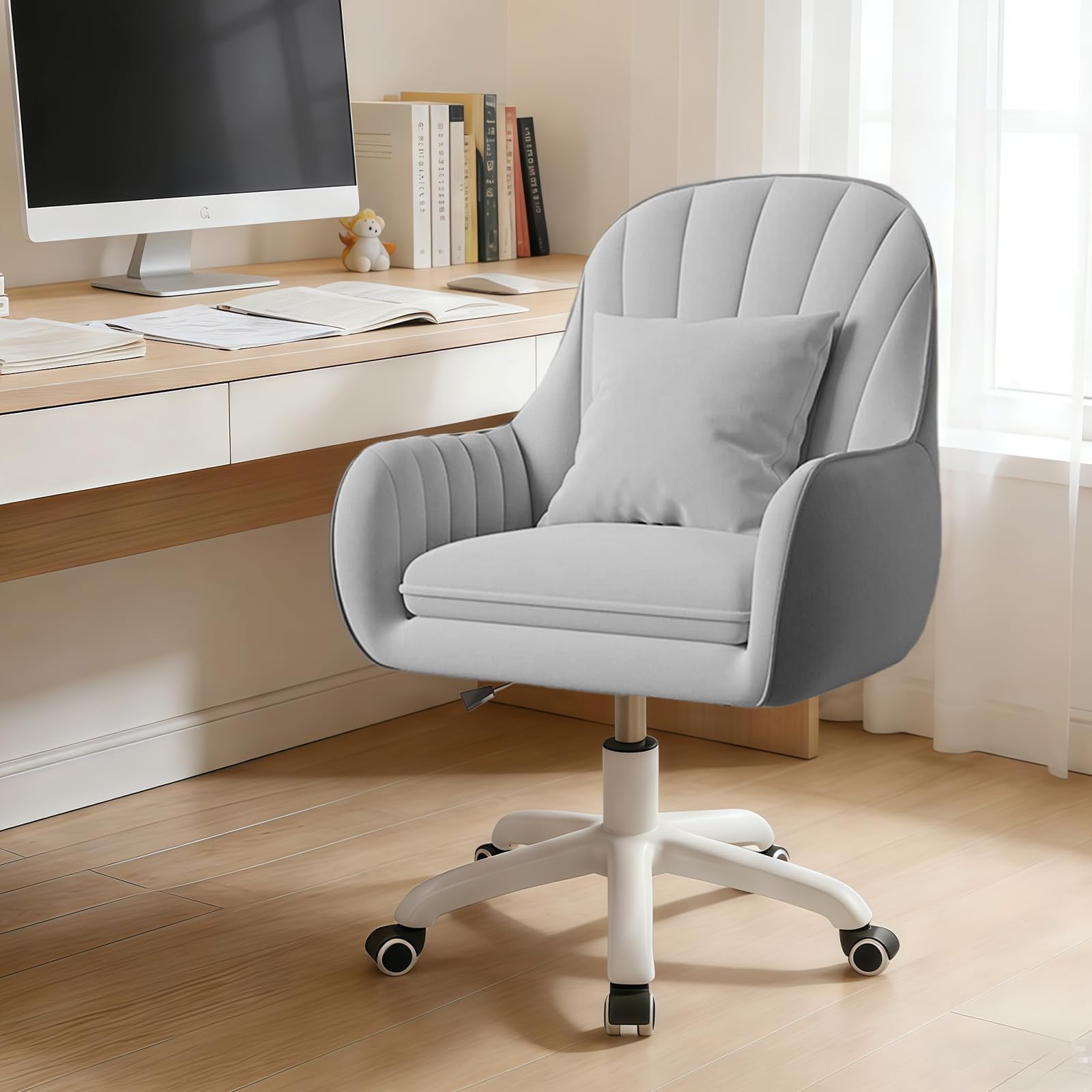 Home Office Desk Chairs with Lumbar Support Height Adjustable Vanity Chair Swivel Upholstered Modern Tufted Computer Task Chair Wheels Seating for Home Office (Grey)