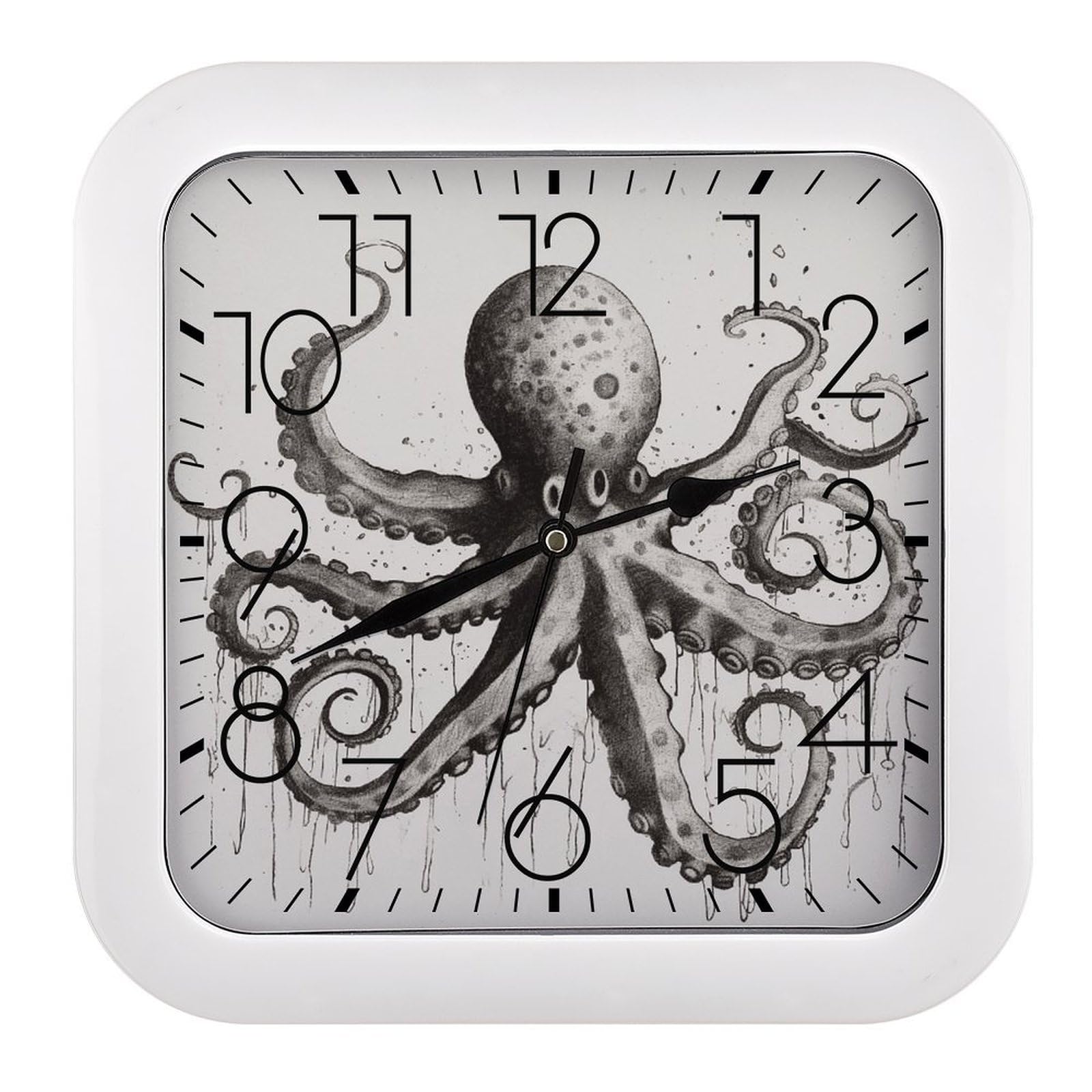 FekiLoot Octopus Wall Clock Battery Operated Square Decorative Wall Clocks Silent Non Ticking Analog Clock Modern Retro Vintage Wall Clocks for Kitchen Living Room Office 10.2 Inch