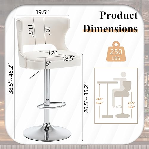 Miniatura 2 de Juego de 2 taburetes de bar ajustables, taburetes de bar giratorios de terciopelo con respaldo hueco, sillas de bar tapizadas suaves para cocina,