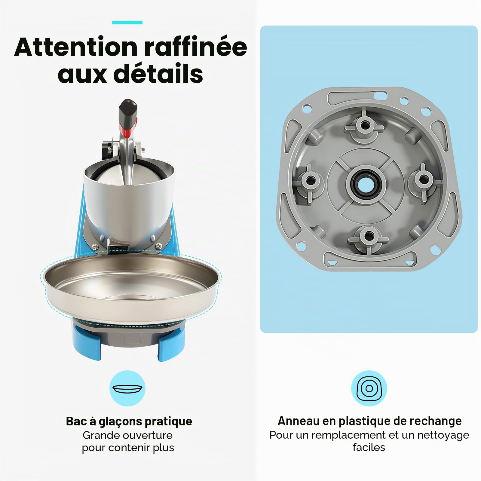 Broyeur à glace électrique, en acier inoxydable, capacité de glace pilée 65 kg/h, pour boissons froides, milkshakes, bleu