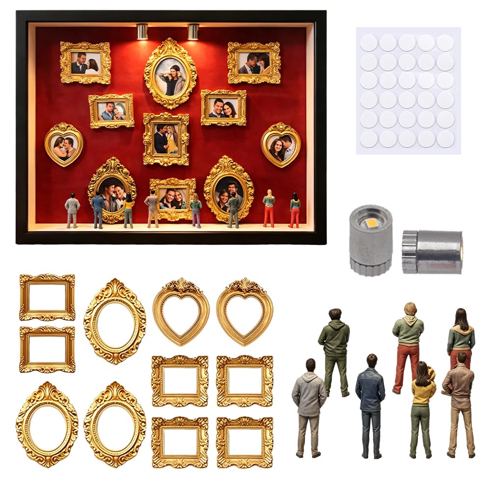 Mini Muzeum Zdjęć, HOVCEH Museum of Us z 8 Figurkami, Kreatywne DIY Mini Ramki na Zdjęcia w Stylu Vintage z Oświetleniem, Mini Muzeum – Idealny Prezent na Wesela, Pary i Wystawy Fotograficzne
