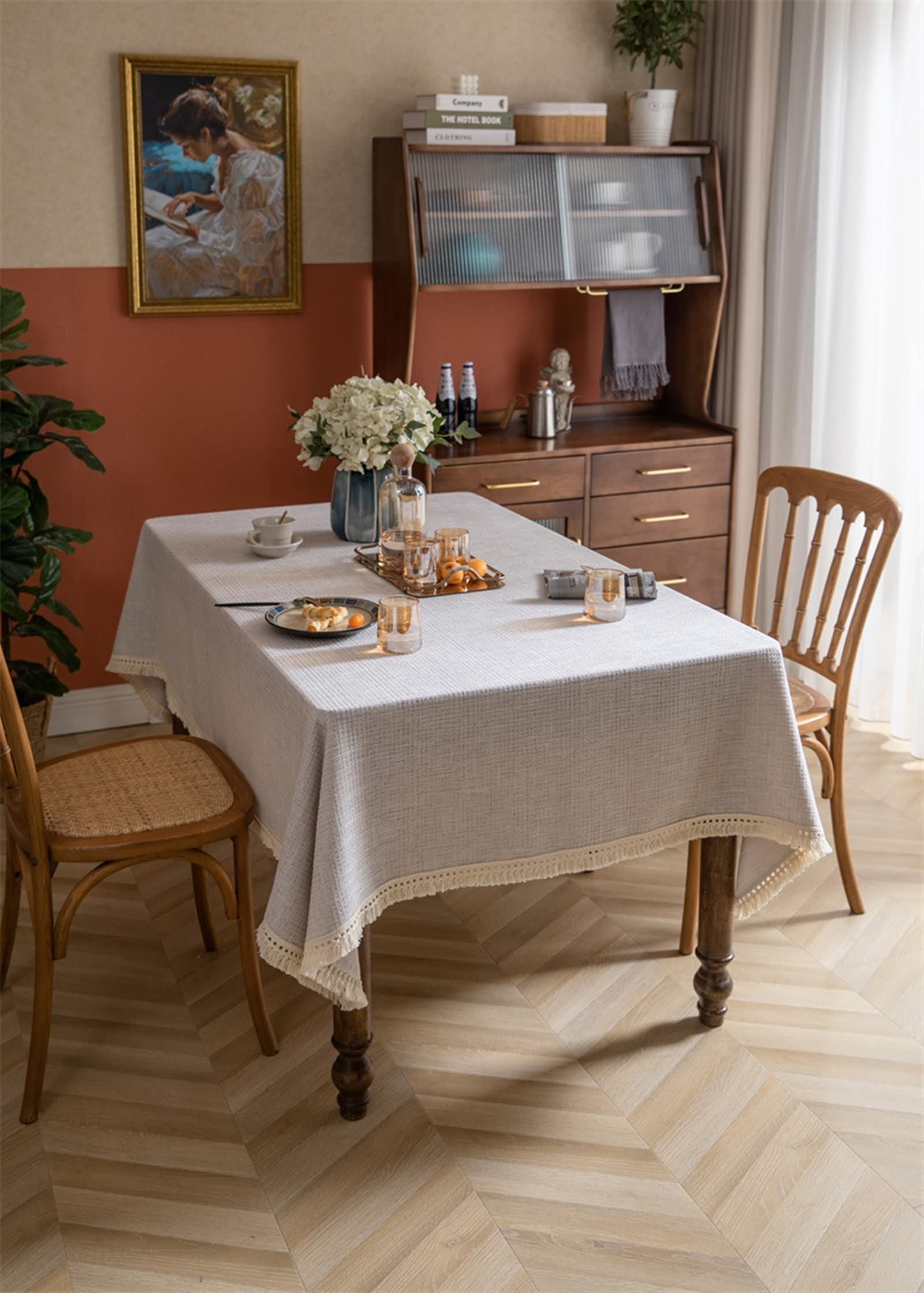 Daesar - Mantel para Mesa Rectangular Cocina,Mantel de Poliéster Color Sólido con Borlas Mantel Beige para Mesa,140x300CM(118x55Inch)