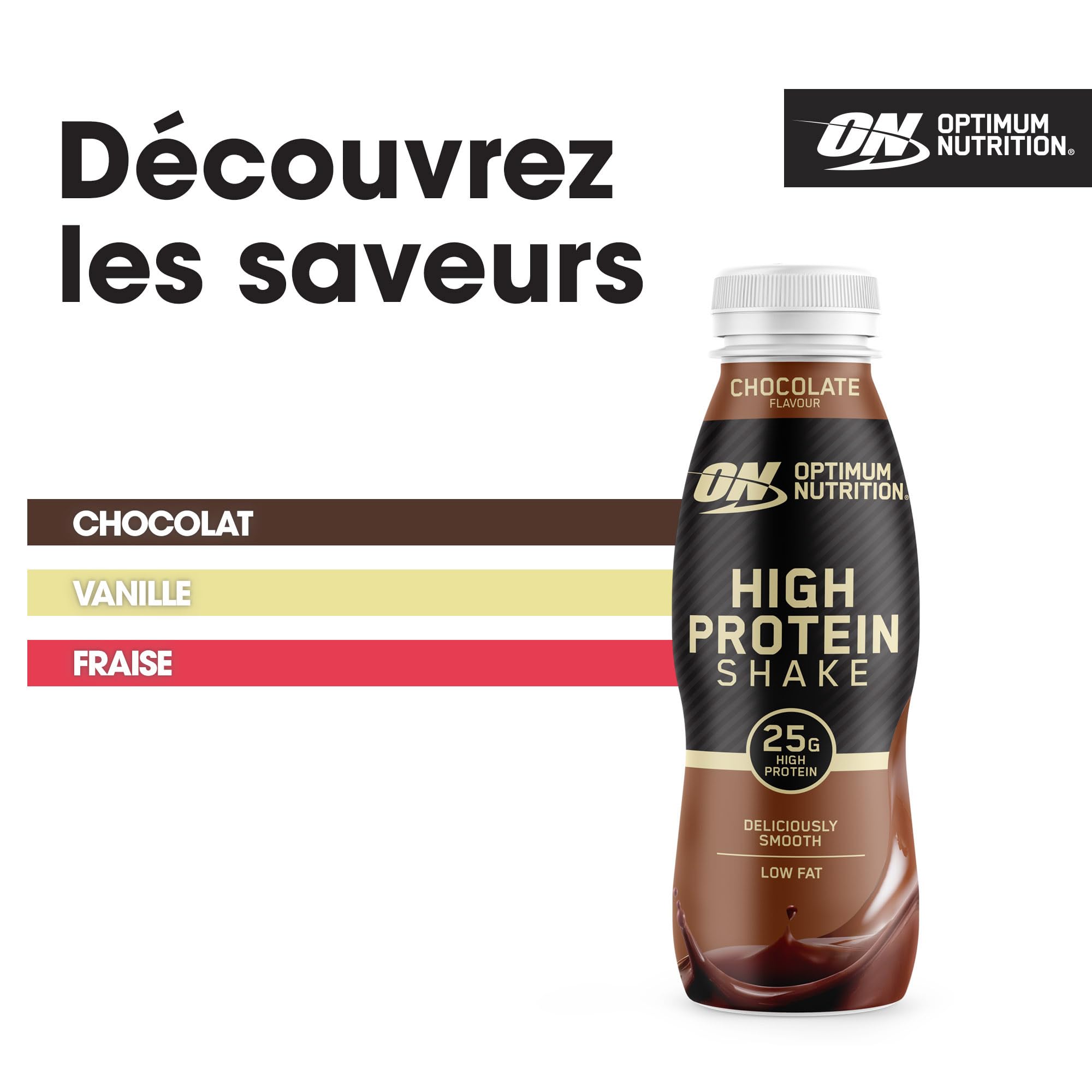 Optimum Nutrition Cocktails riches en protéines – Boisson prête à boire sans sucre ajoutée, faible en gras, pour hommes et femmes, pour la consommation après l'entraînement, chocolat, 12 x 330 ml