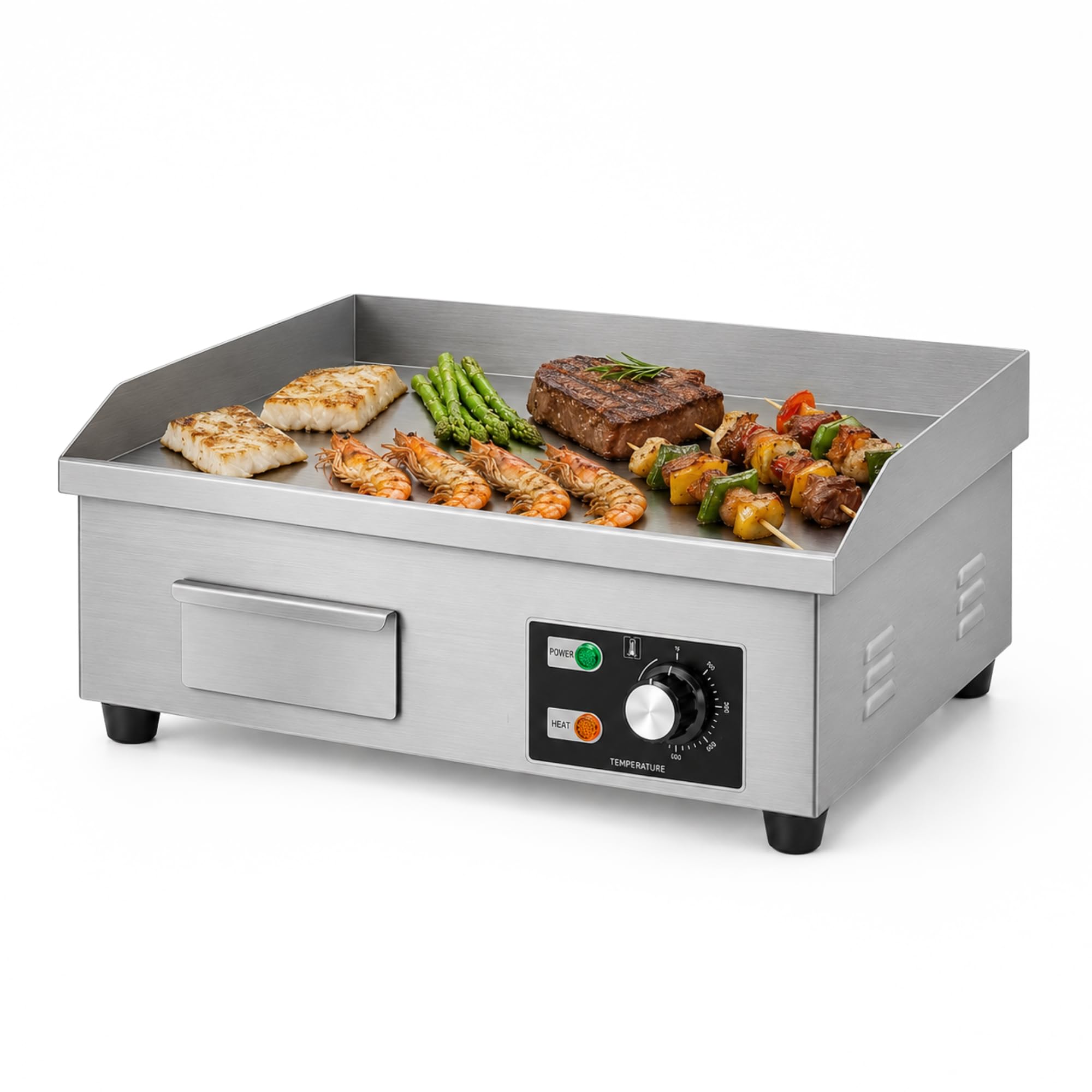 Plancha Électrique de Cuisine.Plaque de Cuisson Professionnelle 55x35cm de Acier Inoxydable.Température de 50-300ºC avec Bac Collecteur de Graisse.Pour Viande,Poisson, Légumes.3000W