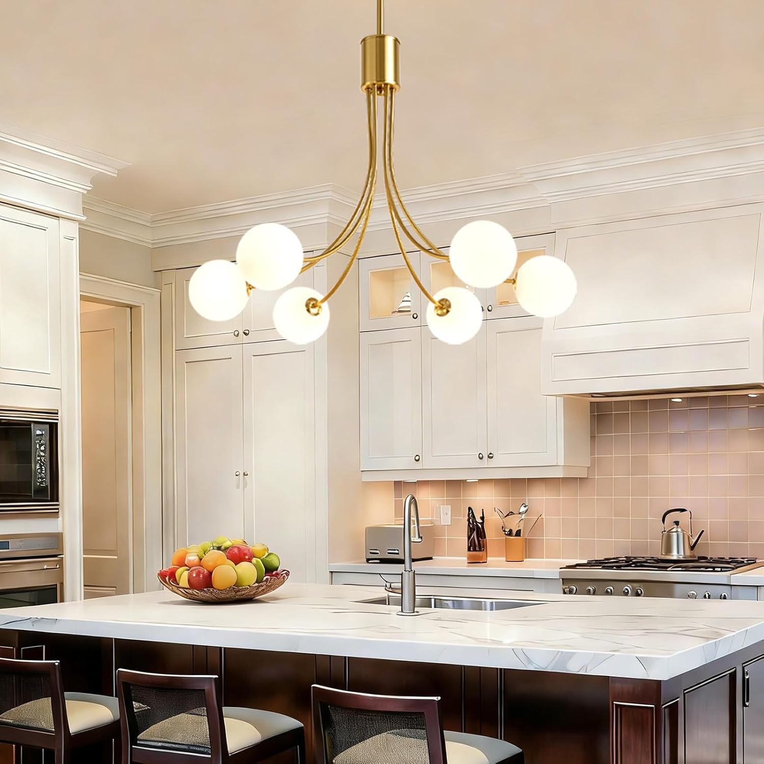 6-Light Sputnik Chandelier Modern Brushed Brass Dining Room Light Fixture Mid Century Gold Chandelier with Milk Glass Hanging Pendant for Kitchen Island Dining Room, Living Room, Bedroom, Foyer