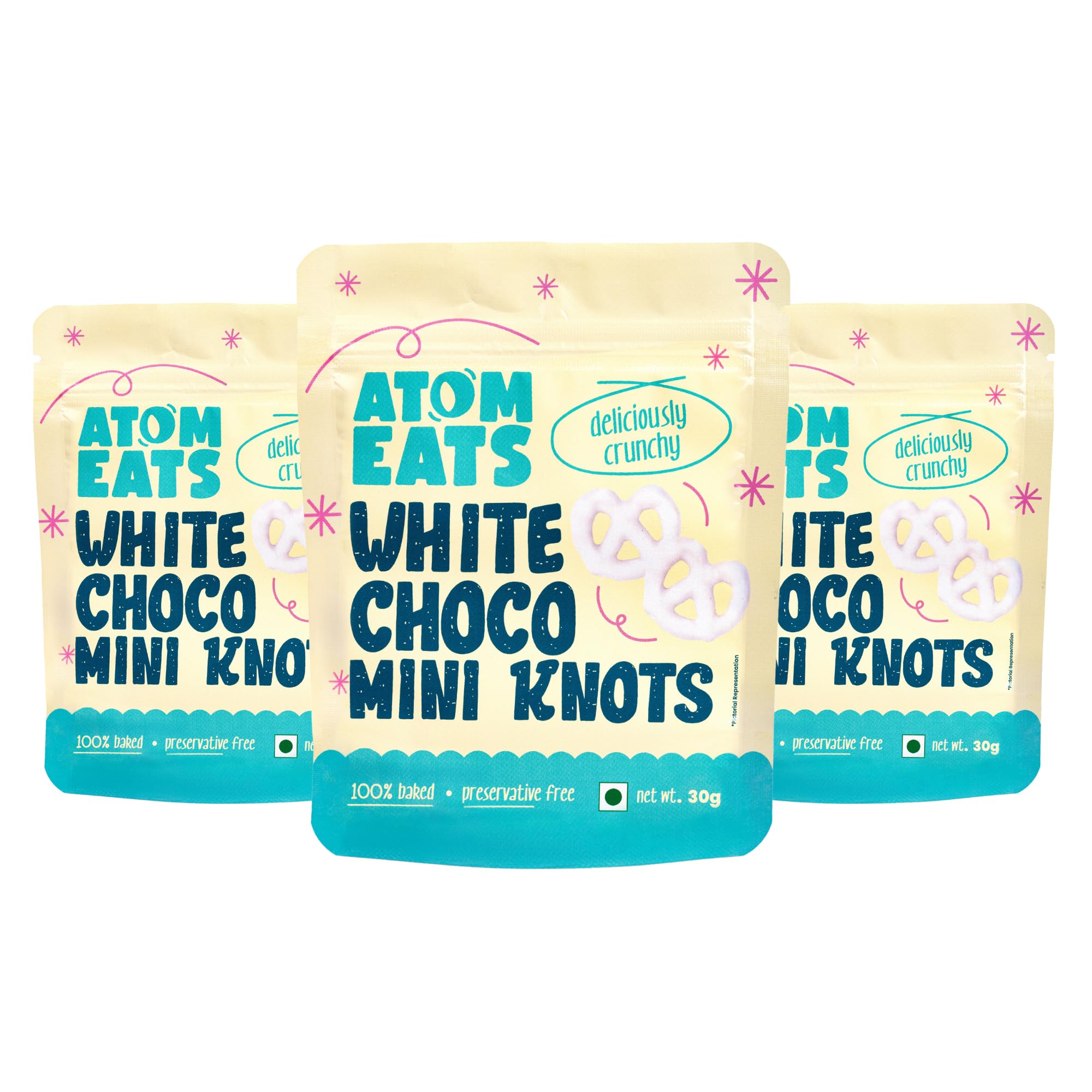 Atom Eats | White Choco Dipped Pretzels (Pack of 3) - 30g Each | Mini Salted Pretzel Knots | Luxurious White Chocolate, Elegant Swirls - Perfect Gourmet Snack for Coffee, Wine, and Desserts - Imported Gift Quality