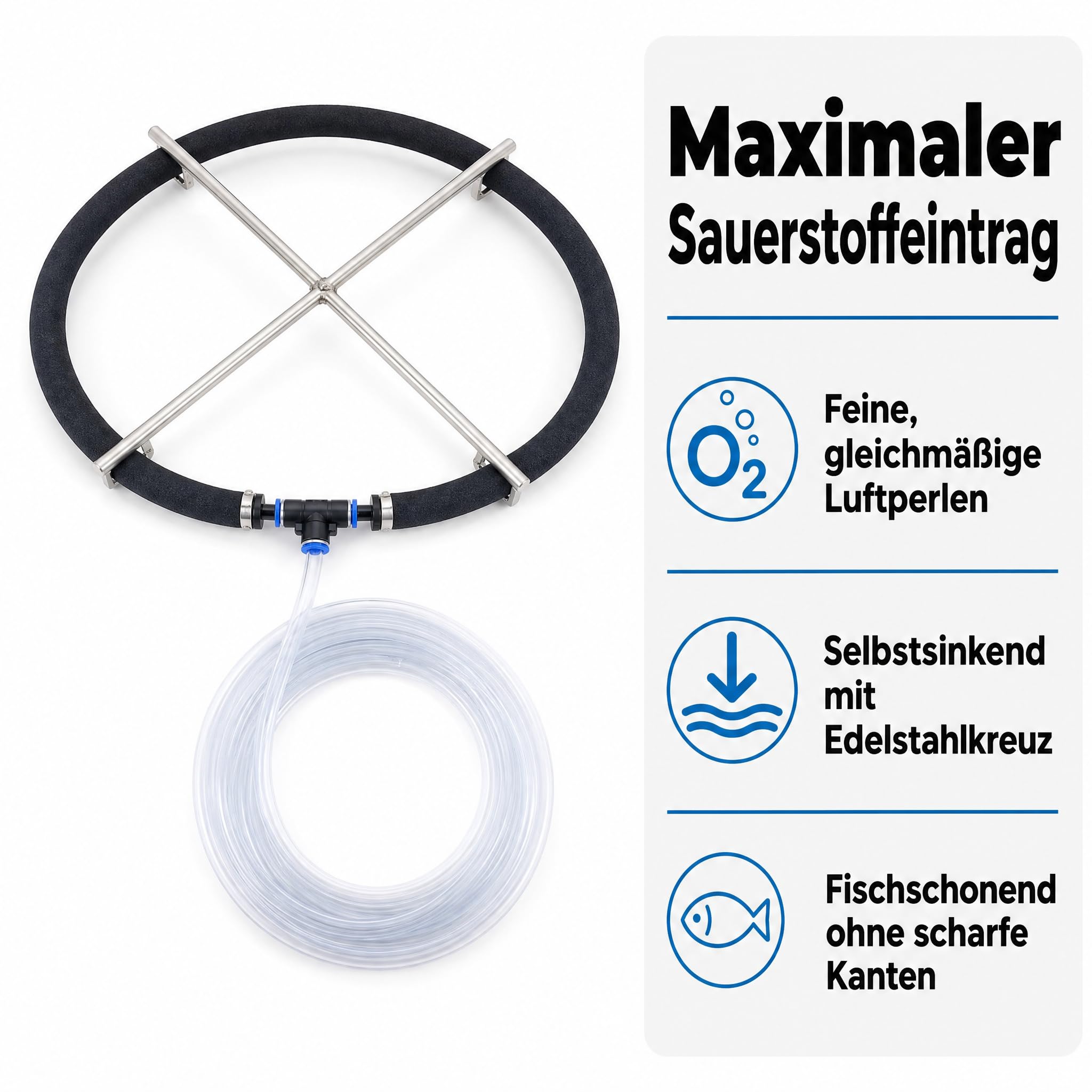 Pondlife Teichbelüfter Belüfterring 50 cm, japanischer Luftausströmer, selbstsinkend mit Edelstahlkreuz, feine Perlung, für Teichbelüftung, Koi-Teich und Filterkammern, Schlauch mit Innenmaß 16 mm