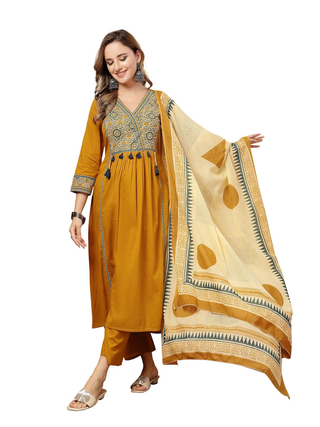stylum Women's Mustard Solid Cotton Straight Kurta Pant Dupatta Set-picture-10