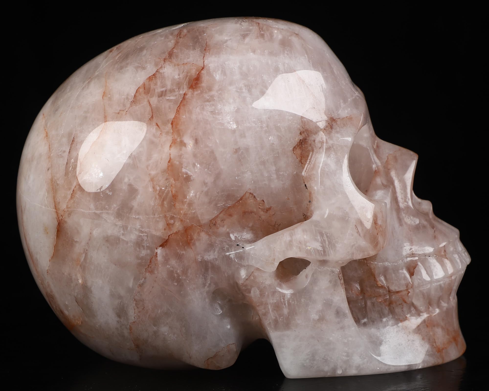 Skullis 12,7 cm Feuerquarz-Kristall-Schädel, handgeschnitzter Edelstein, Kunst-Skulptur, Reiki-Heilsteinstatue.