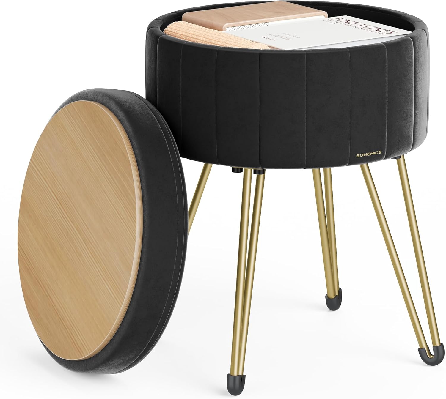 SONGMICS Vanity Stool Chair, Small Ottoman with Storage, Velvet Makeup Stool, 15.4 Dia. x 17.4 H Inches, 4 Metal Legs, for Makeup Room, Living Room, Bedroom, Ink Black ULOM003B01 Ink Black Velvet