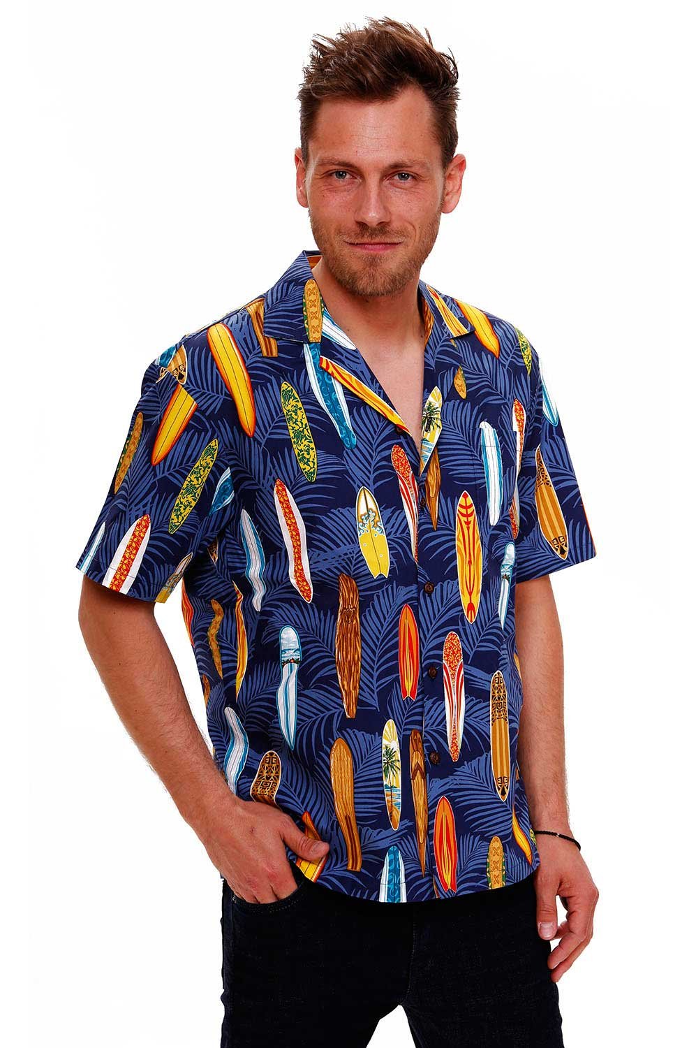 KY's Camicia Hawaiana Originale da Uomo, S - 8XL, a Maniche Corte, Tasca Frontale, Stampa Hawaiana, Tavole da Surf, Foglie di Palma Allover | Nero