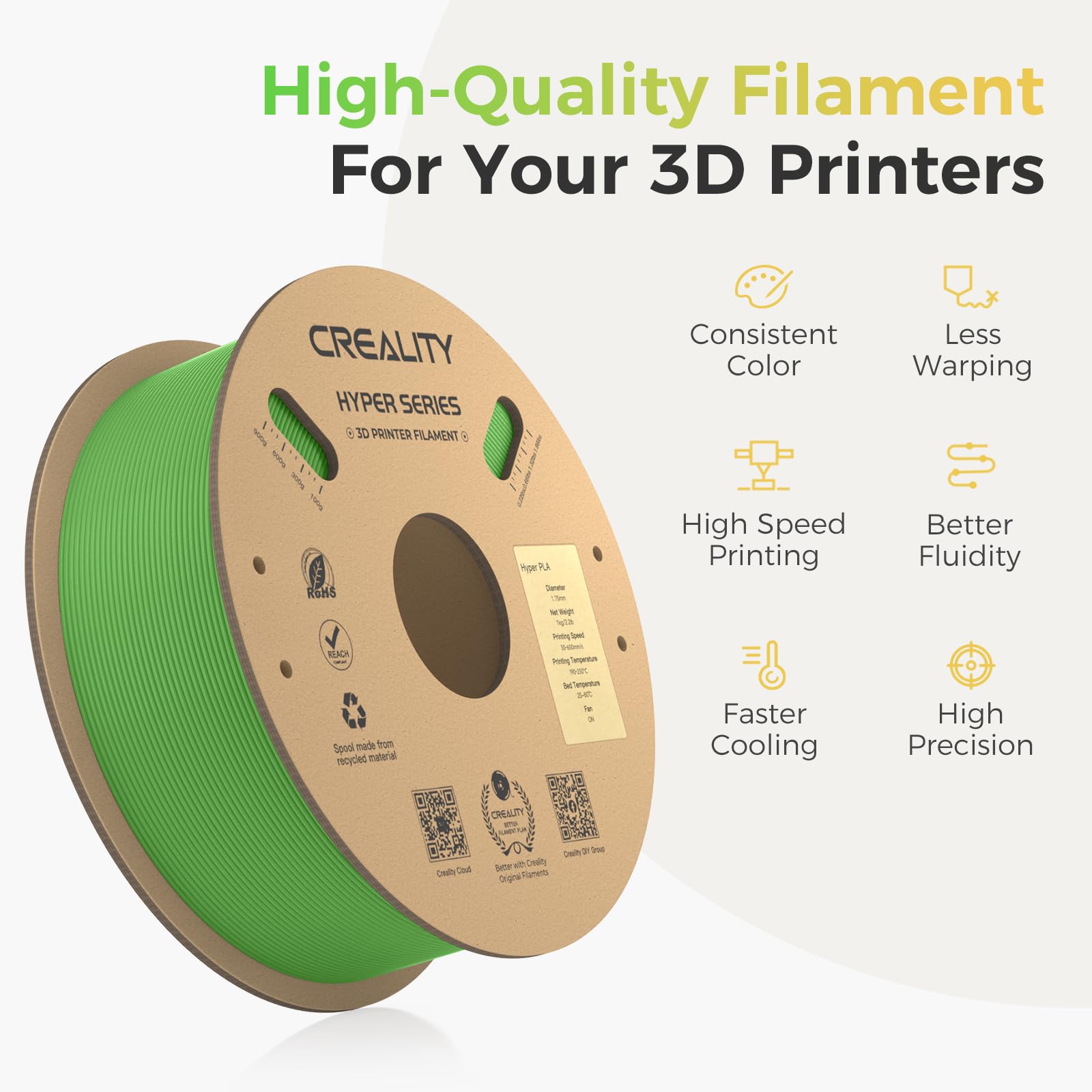 Creality Official Hyper PLA Filament Verde 1KG, Filamento per Stampanti 3D per la Stampa ad Alta Velocità, Durevole e Resistente, Liscio, Prestazioni a Sbalzo Precisione Dimensionale +/-0,03mm