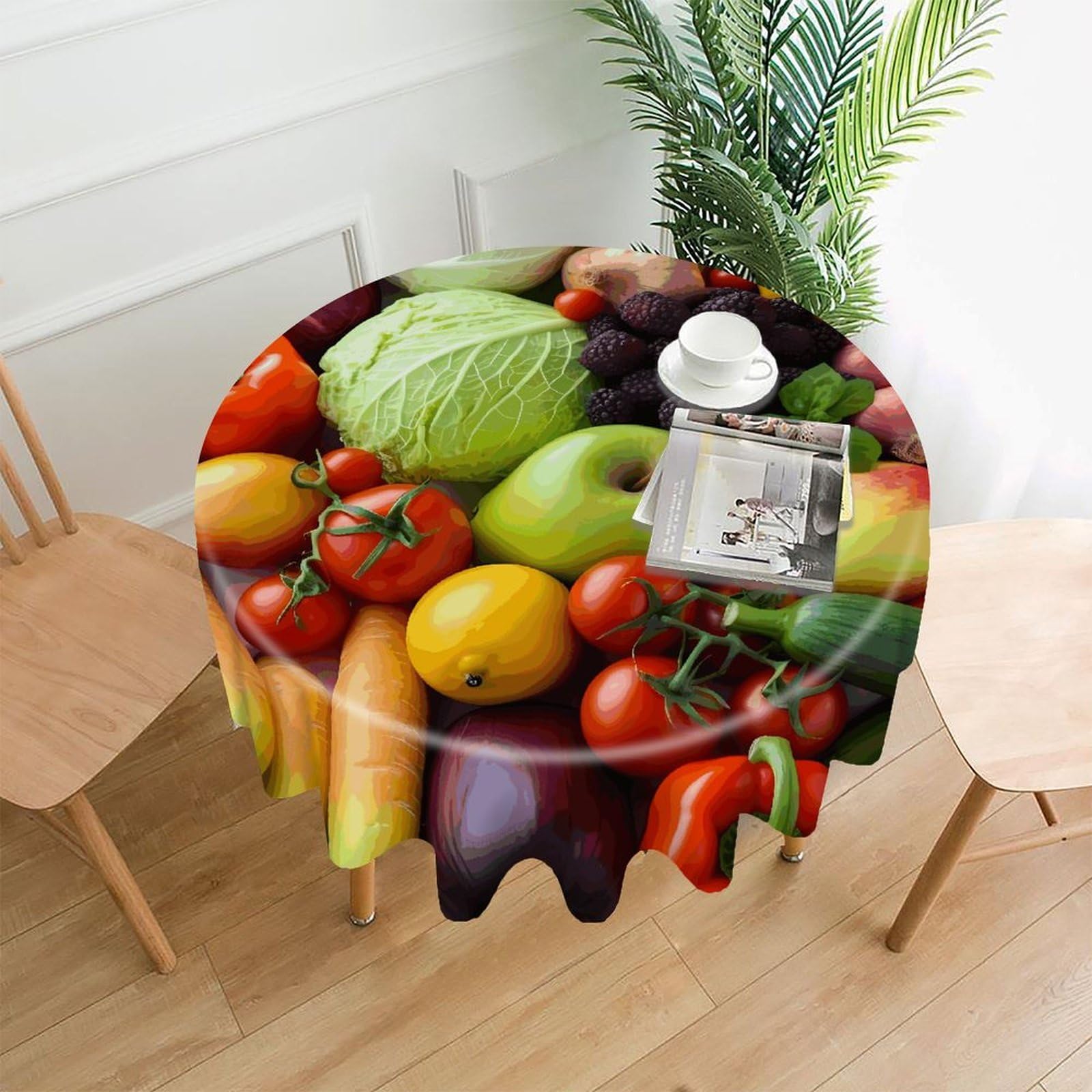 FekiLoot Fresh Fruits and Vegetables Round Tablecloth Cover 60 Inch Wrinkle Free Washable Polyester Fabric Table Cover Decorative Round Table Cloth for Home Dining Kitchen Party Farmhouse