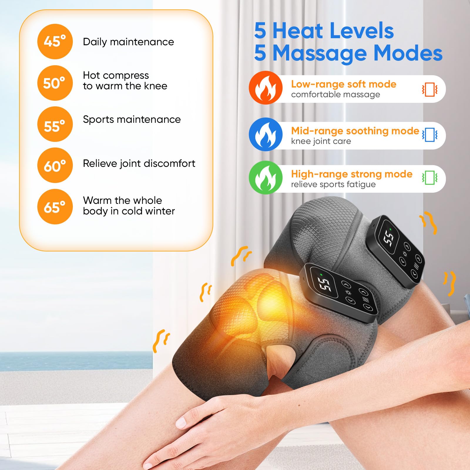 Masseur de genou pour l'arthrite, masseur de genou 3 en 1 avec 5 chauffages et 3 massages, genouillère chauffante sans fil, taille réglable, pour genoux/coudes/épaules, avec batterie de 5000 mAh