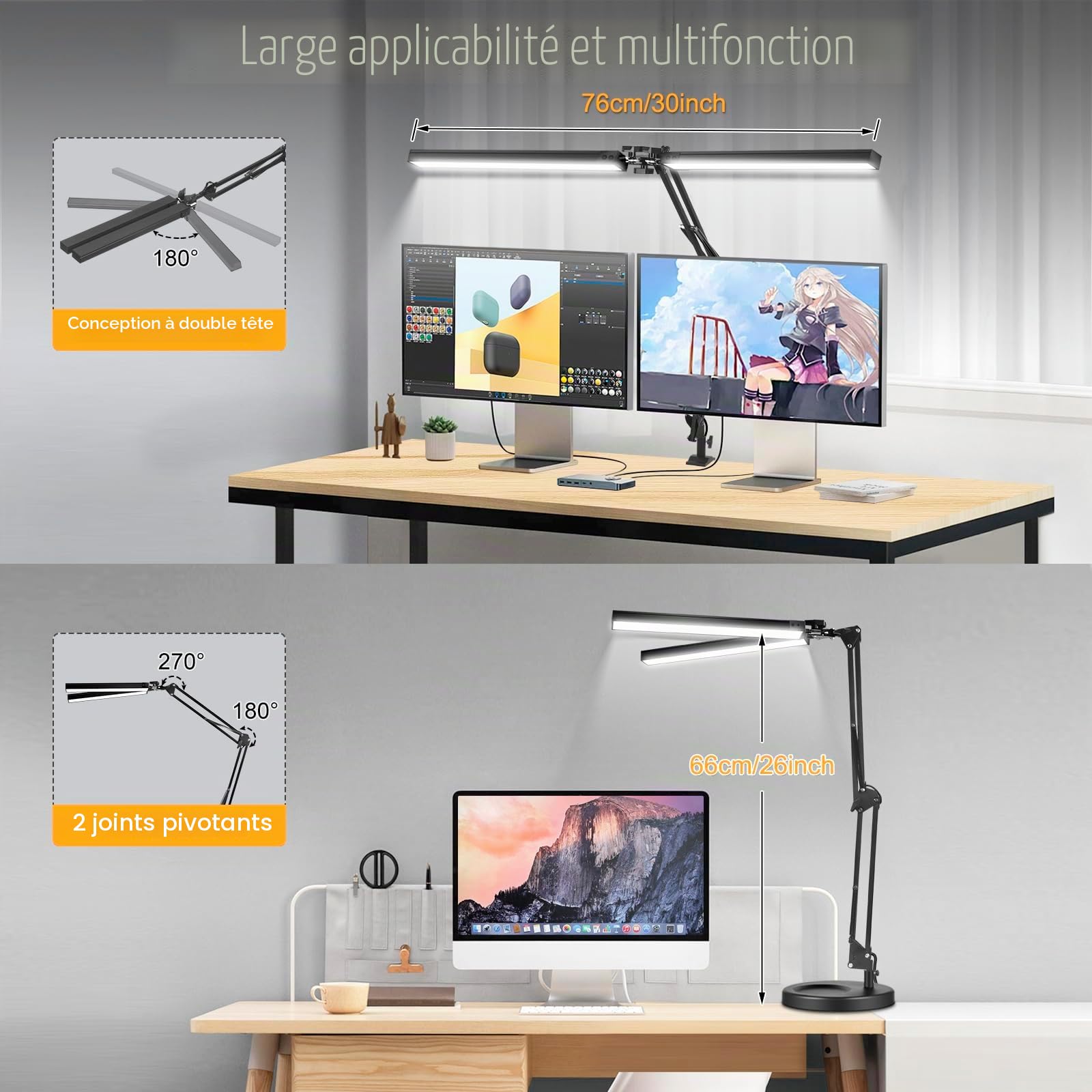 NOEVSBIG Lampe de bureau LED, 2 en 1 avec protection des yeux et lampe à clip, 3 modes de couleur et intensité variable en continu, lampe de lecture réglable avec fonction mémoire