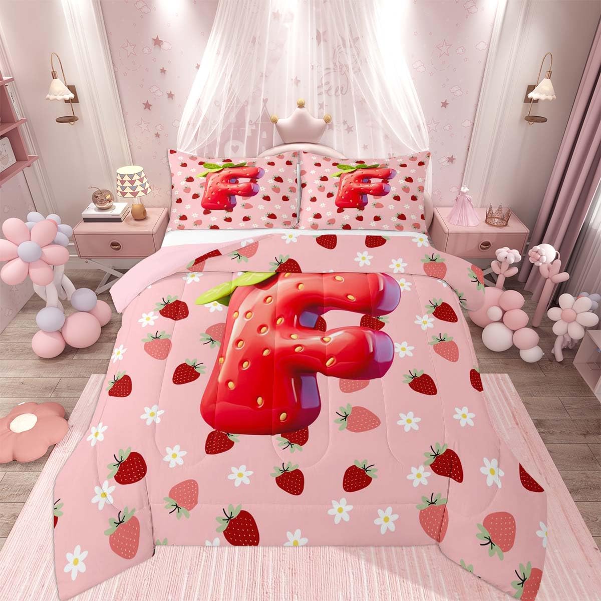 Feelyou Girls Pink Red Strawberry Comforter Set Full Size Initial Letter F Bedding Set for Kids Boys Girls Princess Strawberry Duvet Quilt Bedroom Decor Microfiber 3 Pcs with 2 Pillow Cases