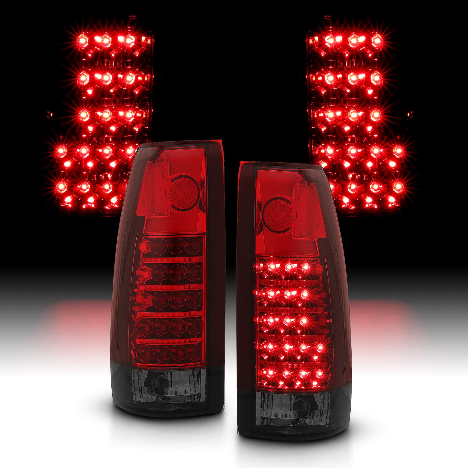 AmeriLite for 1988-1999 Chevy GMC Full Size C/K Pickup Truck Tahoe Suburban Red Smoke LED Replacement Tail Lights Assembly Pair - Passenger and Driver Side